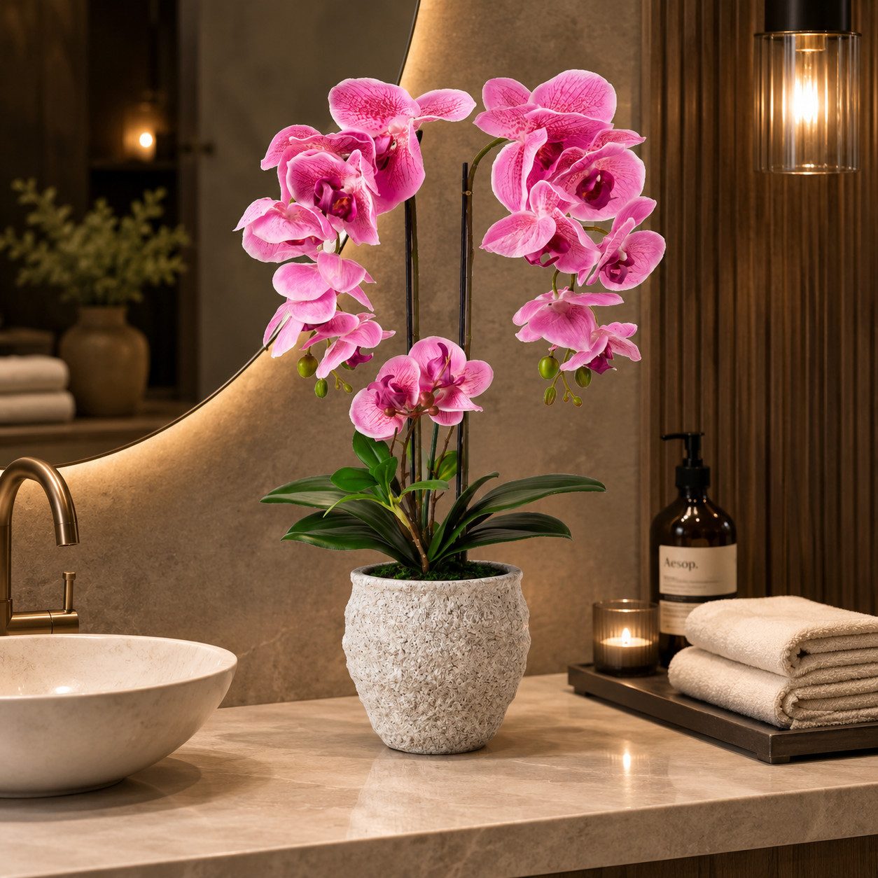 Kunstorchidee PASCH® Orchidee künstlich wie echt (60cm) in Urban Stone Töpfen Orchidee, PASCH, Real Touch Blüten, Handgefertigter Stone Cube – Bild 5 von 5