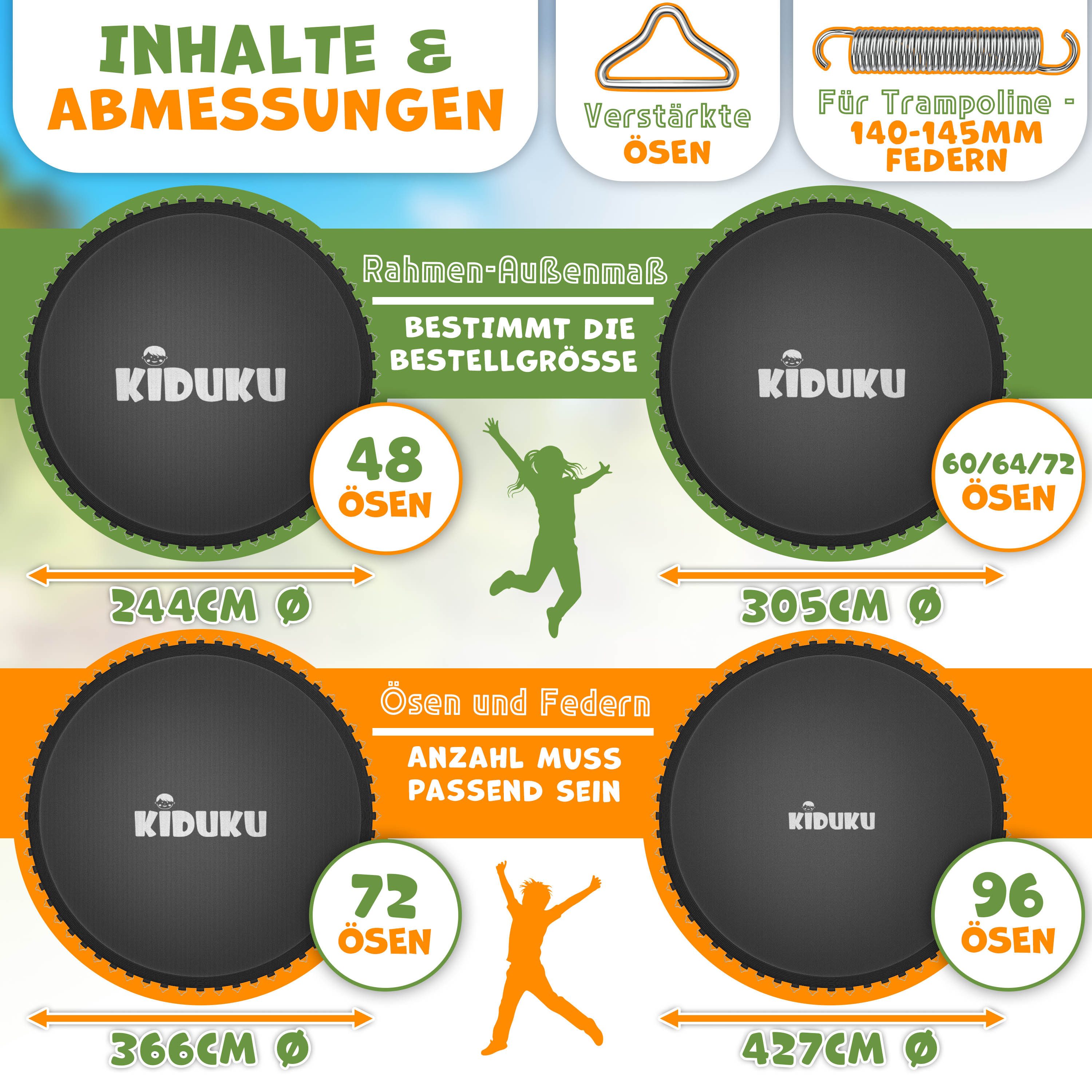 KIDUKU Hochsprungmatte KIDUKU® Trampolin Sprungtuch Ø 244 305 366 427 cm Ersatz Sprungmatte (48-96 Ösen UV-Beständig & Wetterfest Zubehör Ersatzmatte, Garten-Trampolin Trampolinsprungtuch 260g/m² PP), Trampolin Sprungtuch Ø 244 305 366 427 cm Ersatz Sprungmatte
