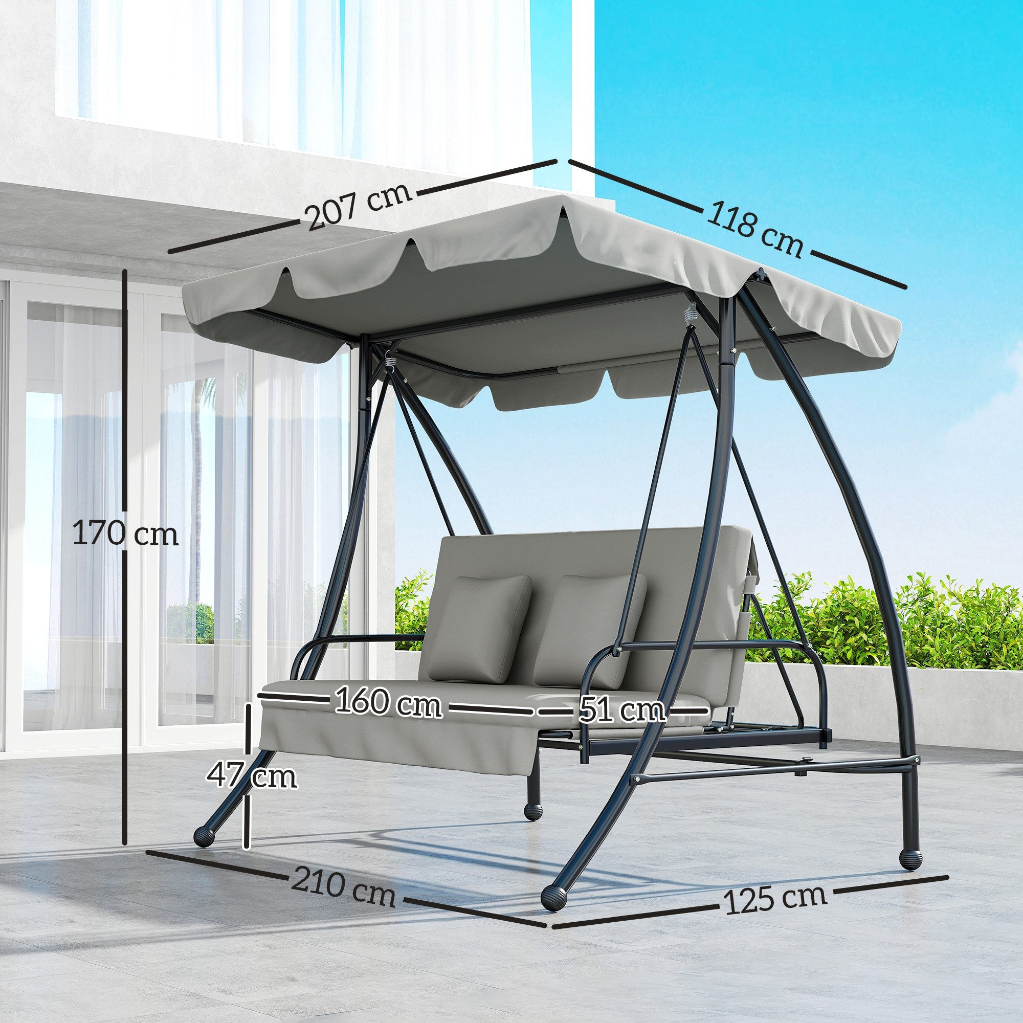 Outsunny Hollywoodschaukel Schaukelbank mit Dach, 3-Sitzer, Bettfunktion, Schaukelstuhl, 1 tlg., Gartenschaukel, für Garten, Balkon, Grau