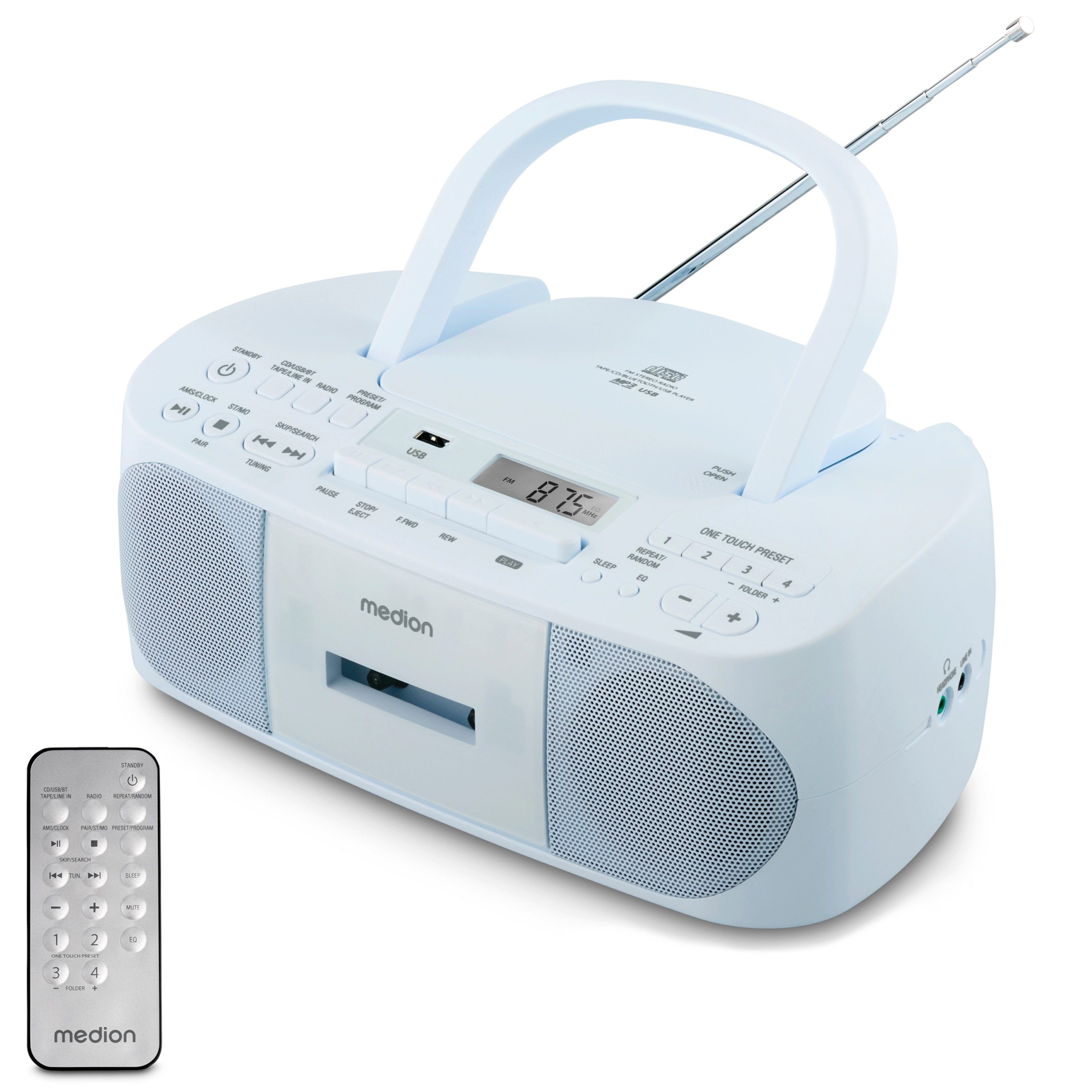 Medion® LIFE® E65010 (MD 43429) Stereo Radio (AM- / FM- Tuner, MW / UKW mit RDS, 3 W, CD-Player, Kassette, USB, MP3-Widergabe, 40 Senderspeicher, blau)