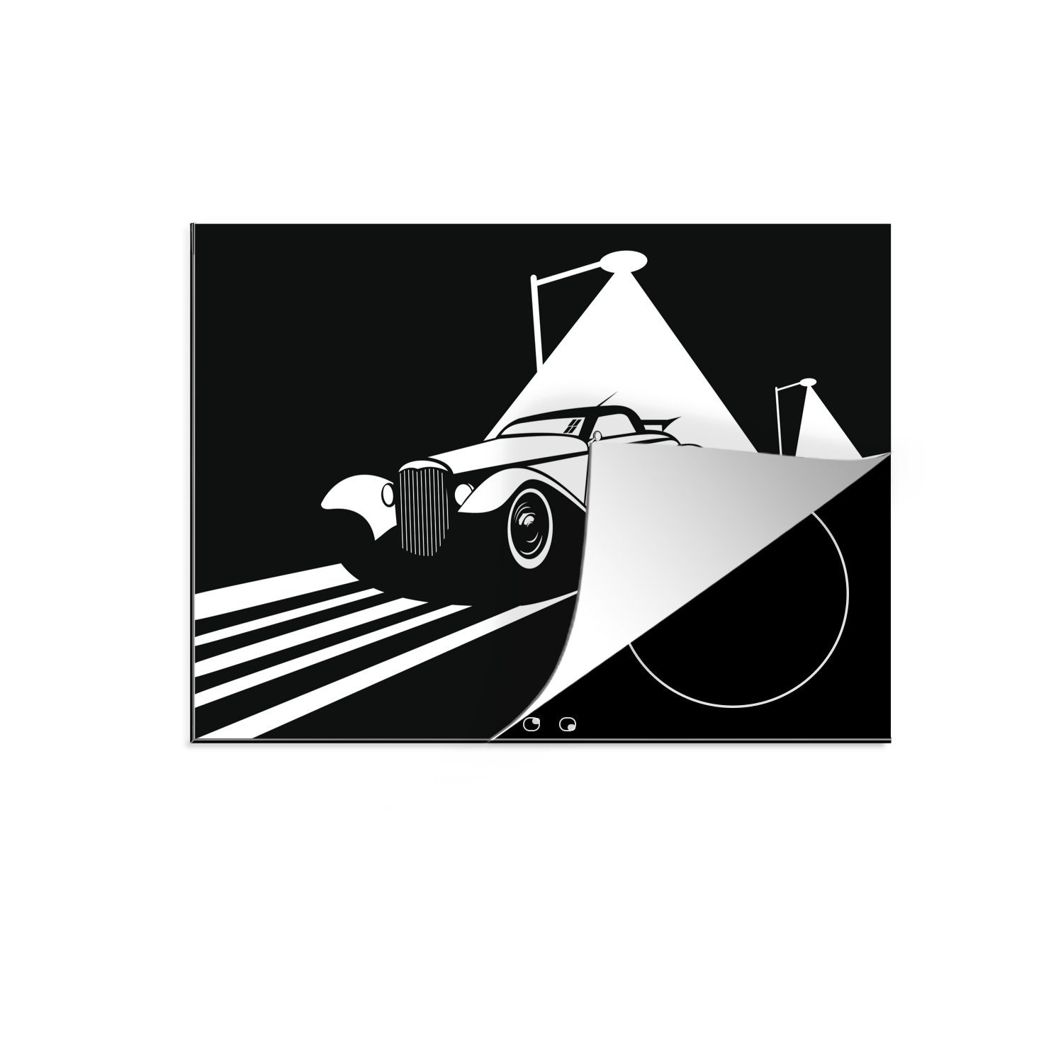 MuchoWow Herdblende-/Abdeckplatte Eine Schwarz-Weiß-Illustration eines Autos auf der Autobahn bei Nacht, Vinyl, (1 tlg), 70x52 cm, Mobile Arbeitsfläche nutzbar, Ceranfeldabdeckung