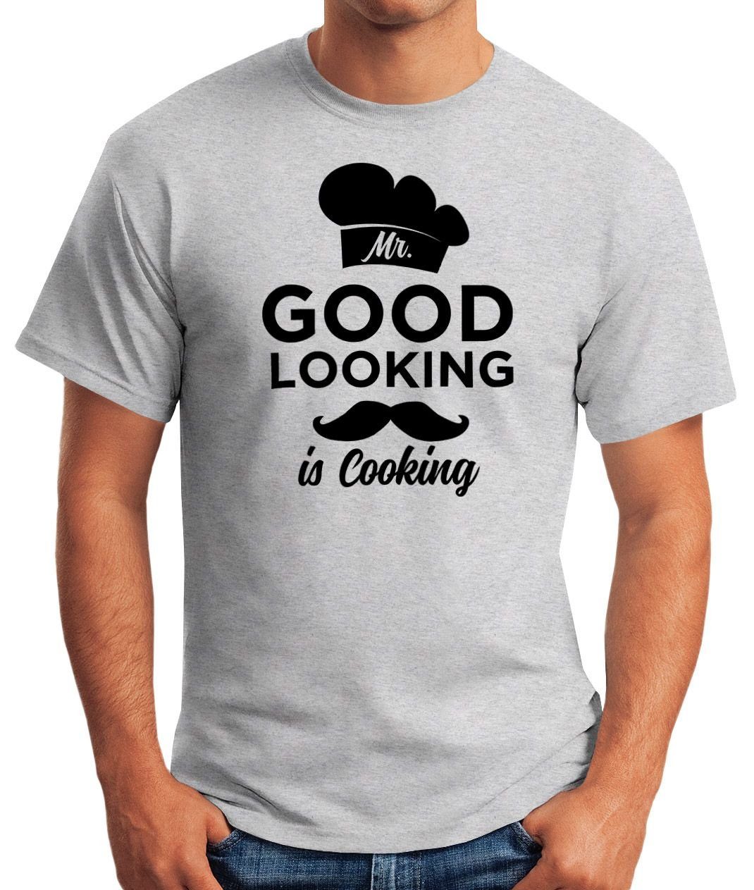 looking Moonworks® Print grau mit MoonWorks Print-Shirt Herren good Fun-Shirt cooking Mr Shirt is