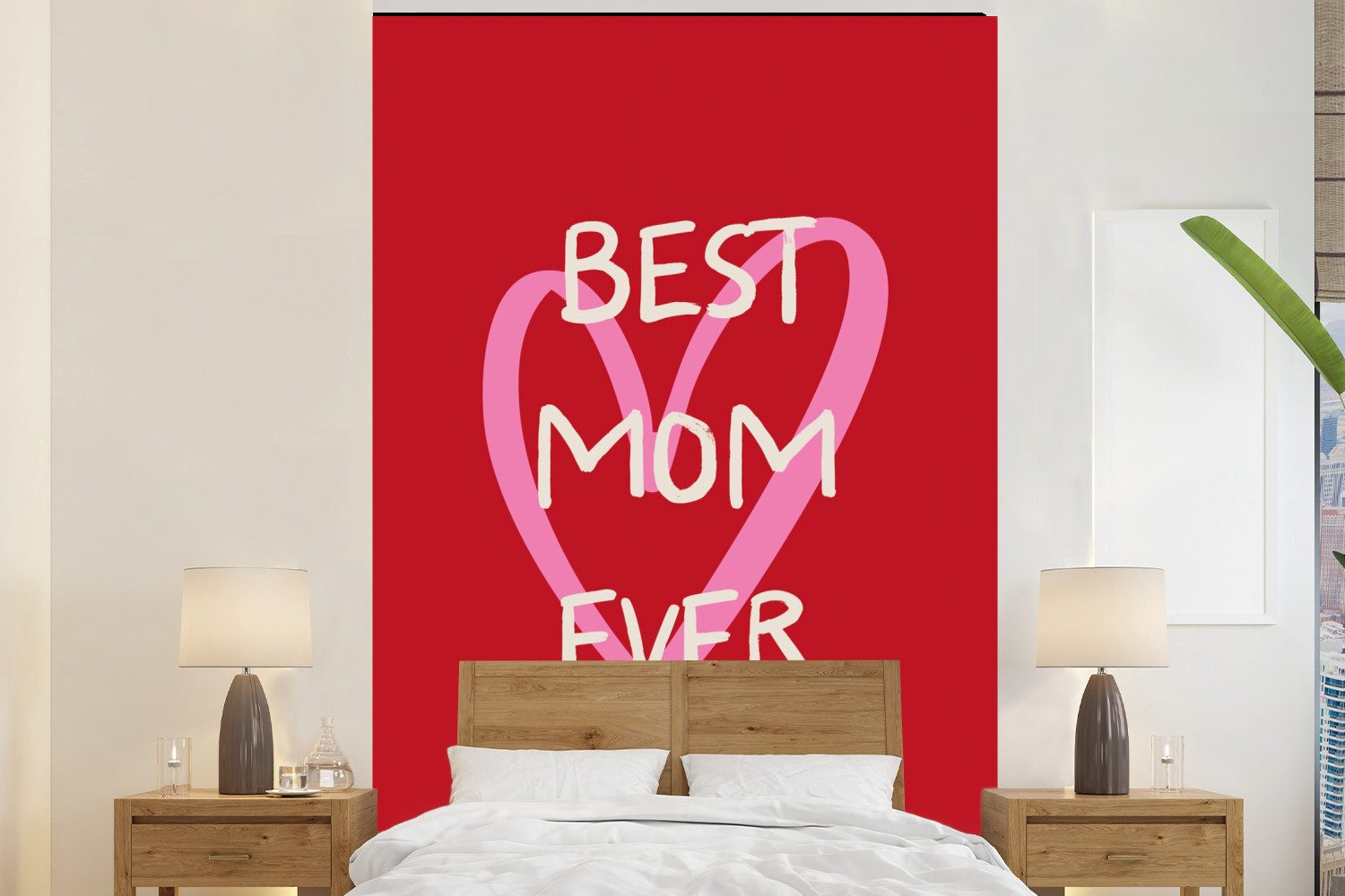 MuchoWow Fototapete Mutter - Zitat - Herz - Rot, Matt, bedruckt, Montagefertig Vinyl Tapete, Wandtapete, 145x220 cm