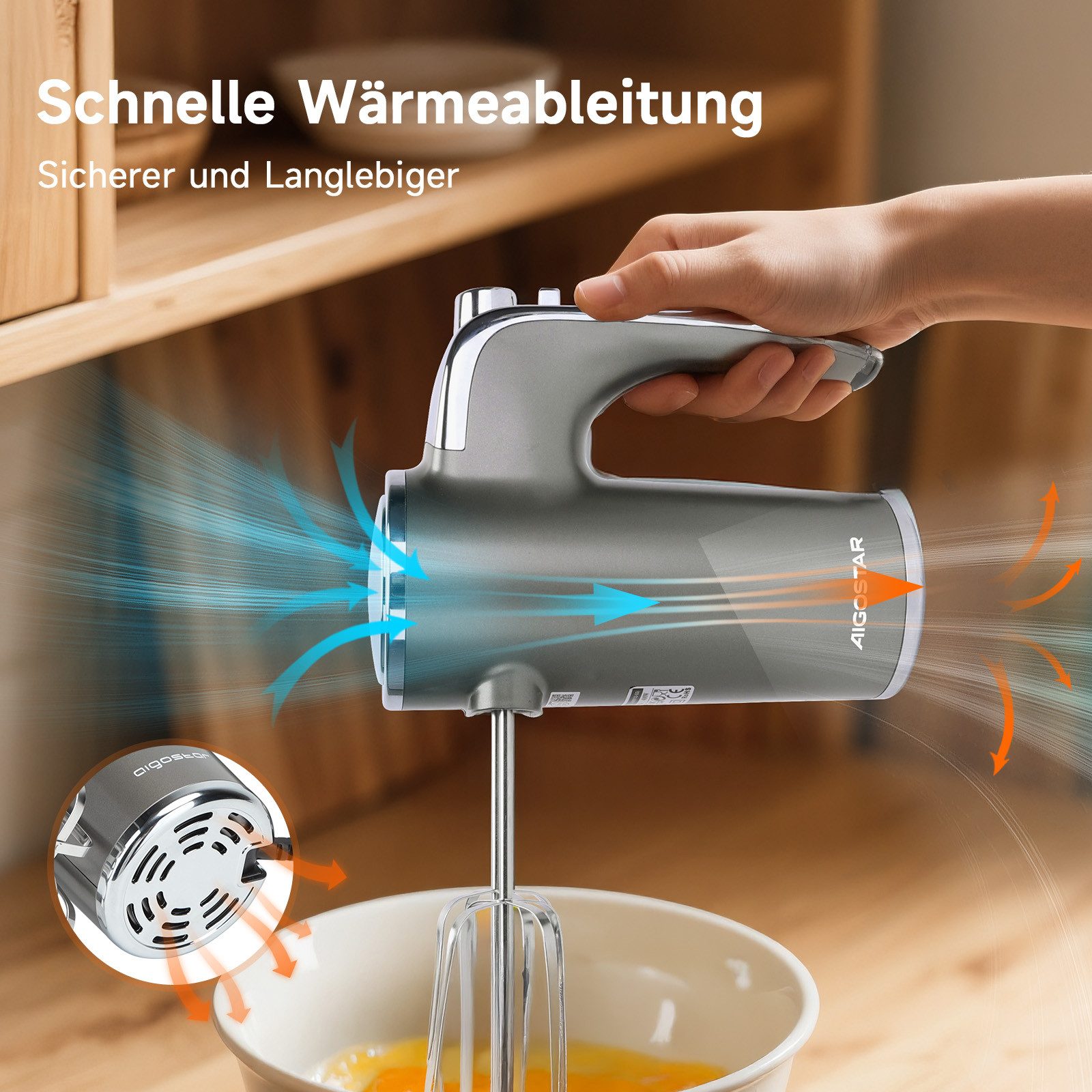 Aigostar Handmixer Sehr leistungsstark Mixer Handrührer, 5 Geschwindigkeitsstufen + Turbo, 400 W, Drehzahlregelung, schnelle Kühlung, Turbo-Boost, Überhitzungss – Bild 5 von 5