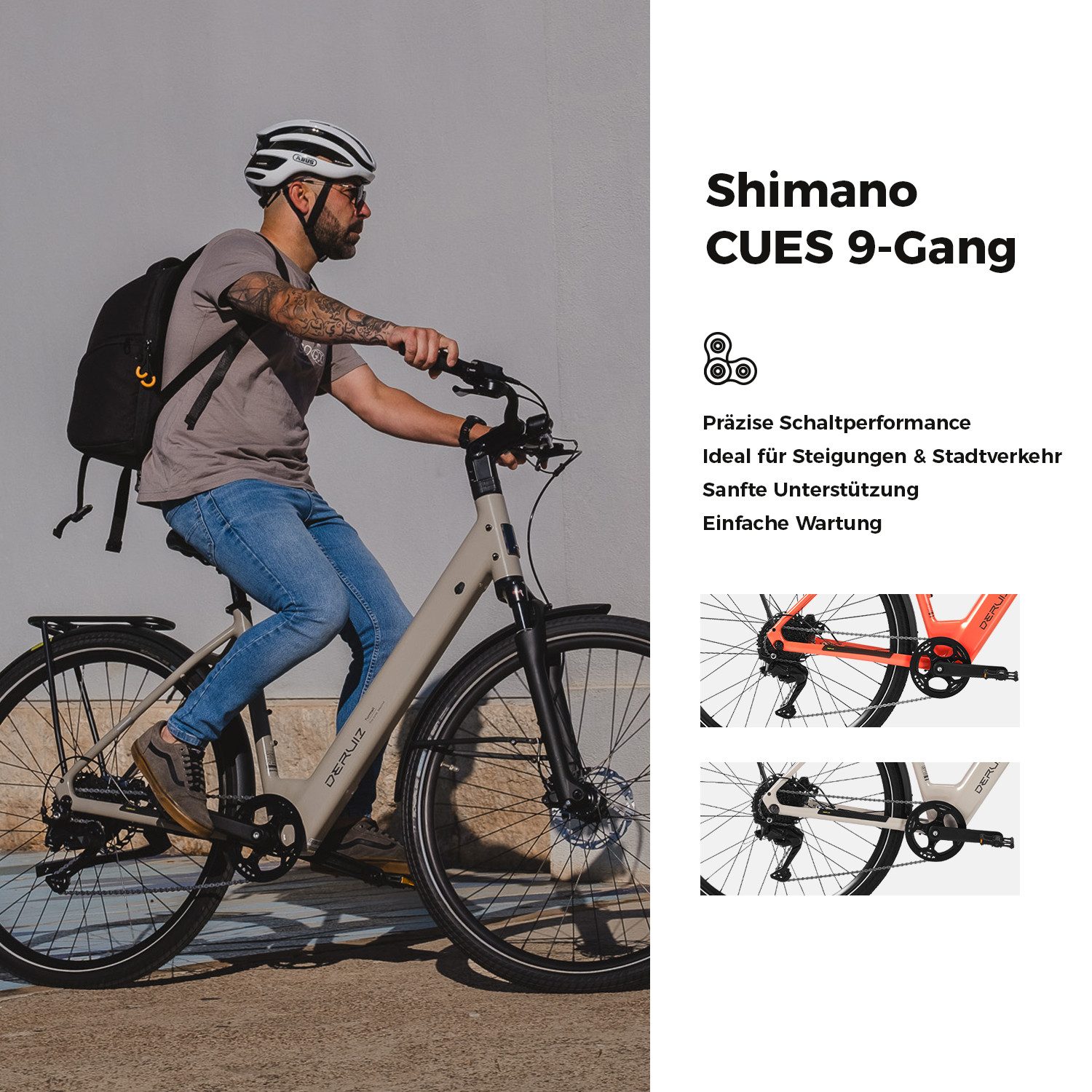DERUIZ E-Bike Cityrad Turmali Comfort 28 Zoll, 48,5 cm, SHIMANO CUES 11–36T, 9 Gang SHIMANO, Kettenschaltung, Heckmotor, 360 Wh, (Traglast ca. 140kg, RH: 48,5cm, Tiefeinsteiger, für Damen und Herren), Hydraulikbremsen, Big Apple Reifen, App-Navigation, 5 Stufen