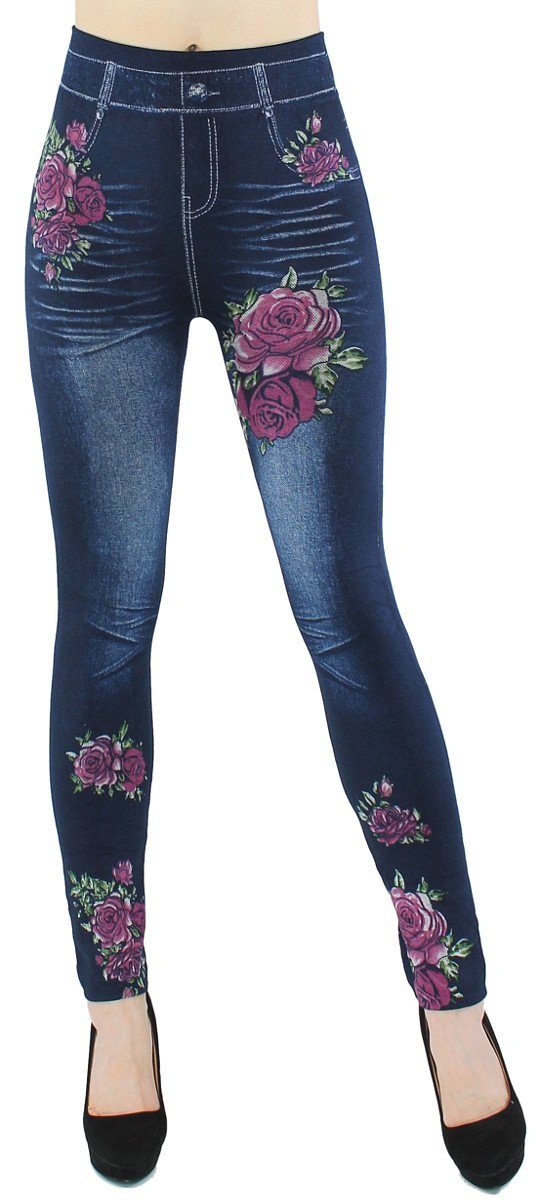 dy_mode Thermoleggings Thermo Leggings Thermoleggings Bund, Jeans-Optik elastischem WL051-RedFlowers mit Jeggings Damen Gefüttert Hochbund