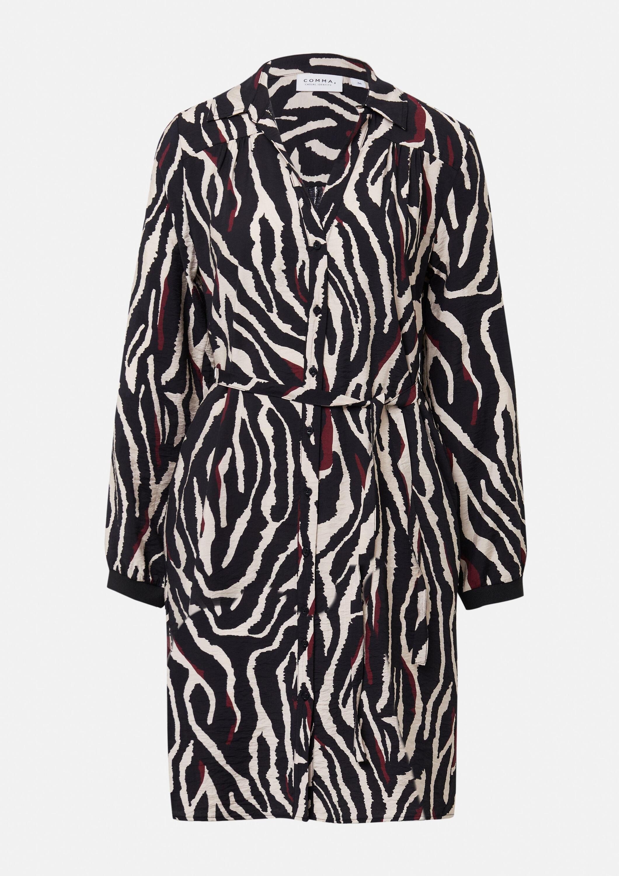 comma Minikleid Kleid Kurzes Hemdblusenkleid mit Animal-Print und Bindegürtel