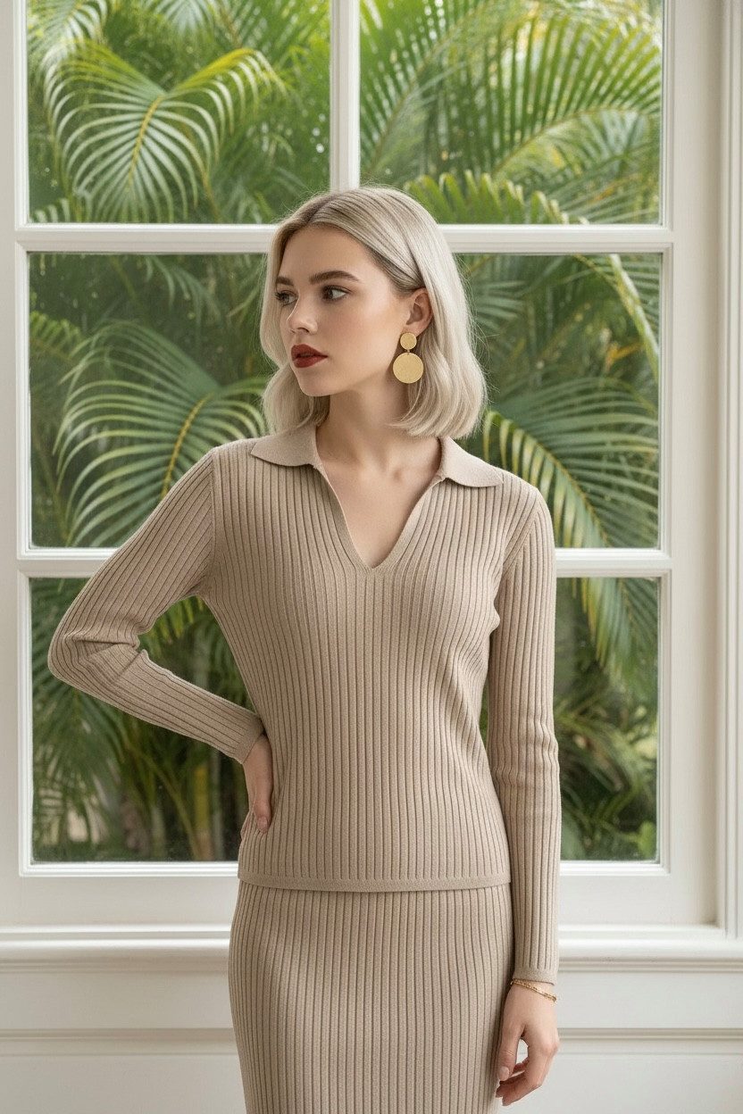 Zuckerwatte V-Ausschnitt-Pullover 777441 Rippstrickoptik aus Viskose mit Elasthan