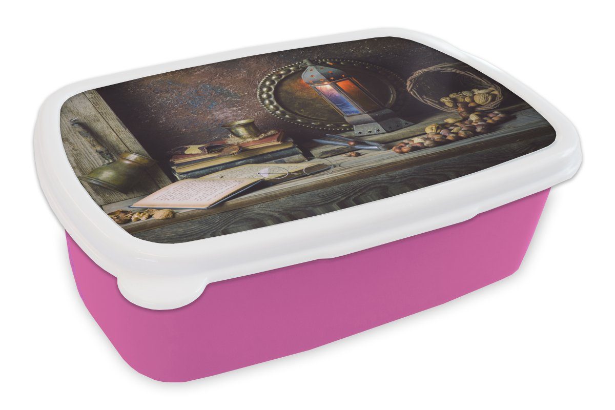 MuchoWow Lunchbox Buch - Stilleben - Walnuss - Laterne - Vintage, Kunststoff, (2-tlg), Brotbox für Erwachsene, Brotdose Kinder, Snackbox, Mädchen, Kunststoff rosa