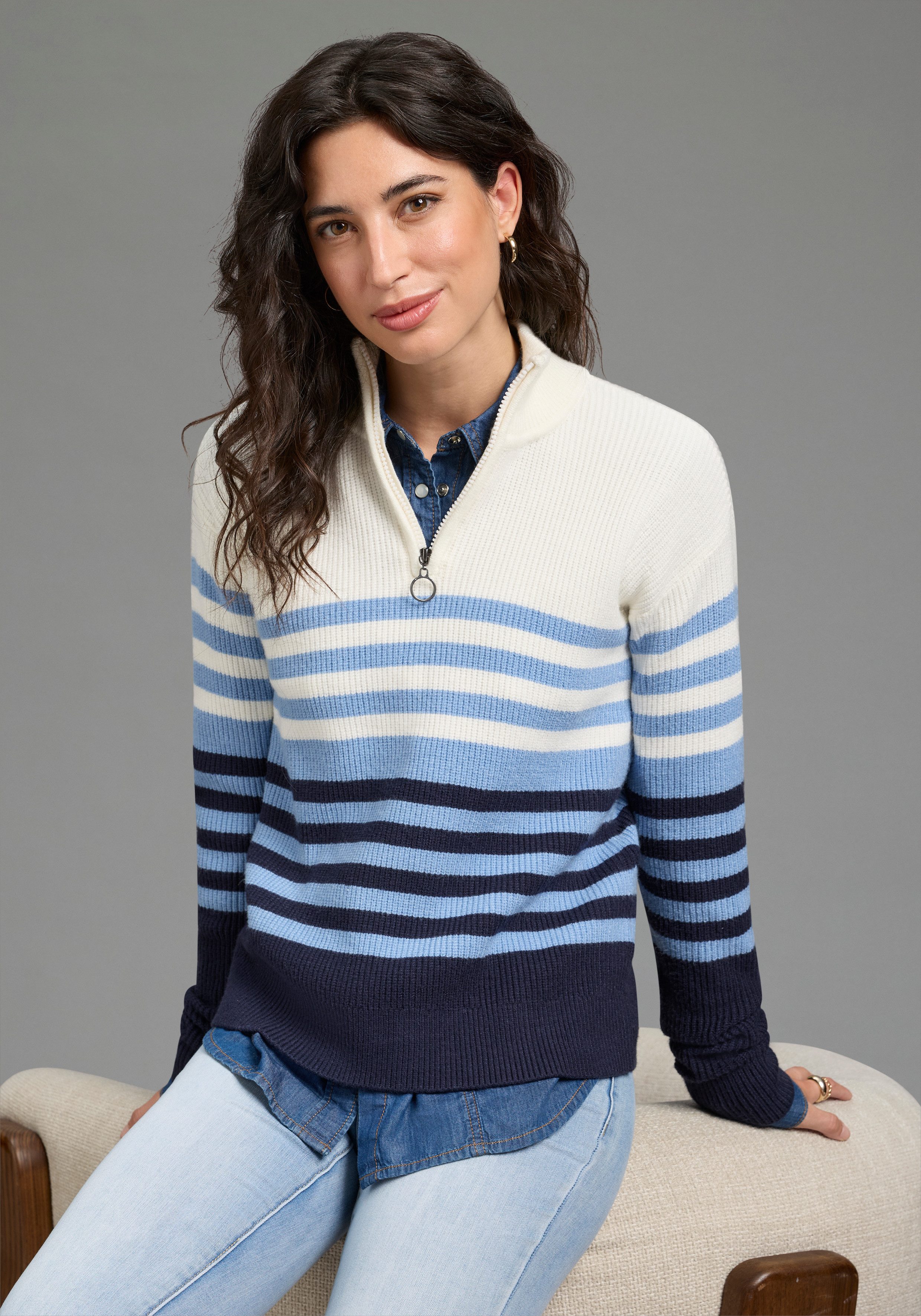 Laura Scott Strickpullover im maritimen Streifenlook mit Troyerkragen mit hüftlanger Passform