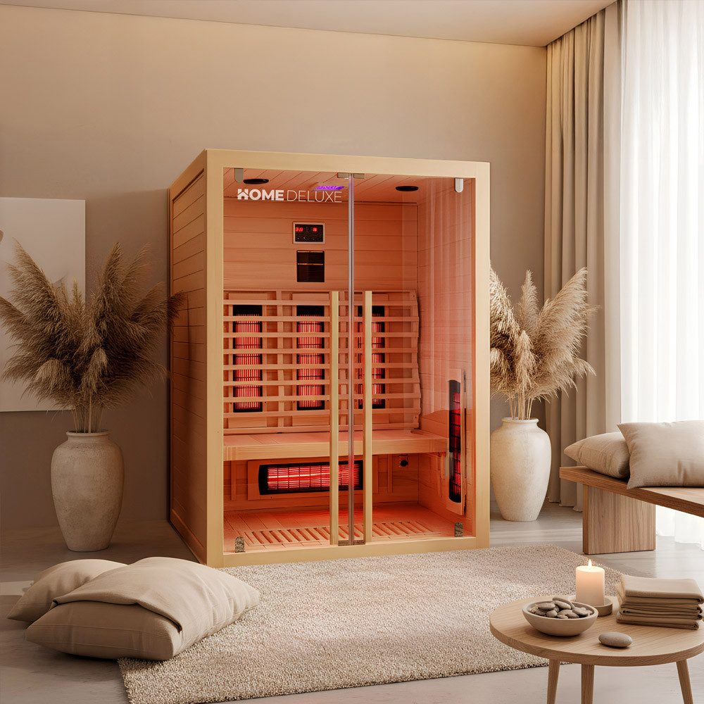 HOME DELUXE Infrarotkabine SONORA - M, BxTxH: 135,00 x 105,00 x 190,00 cm, (USB-Anschluss & Bluetooth, LED-Farblicht, inkl. Ionisator mit Ozondesinfektion, FM-Radio mit MP3-Funktion) 6 Vollspektrumstrahler, für 2 Person, hochwertiges Hemlockholz