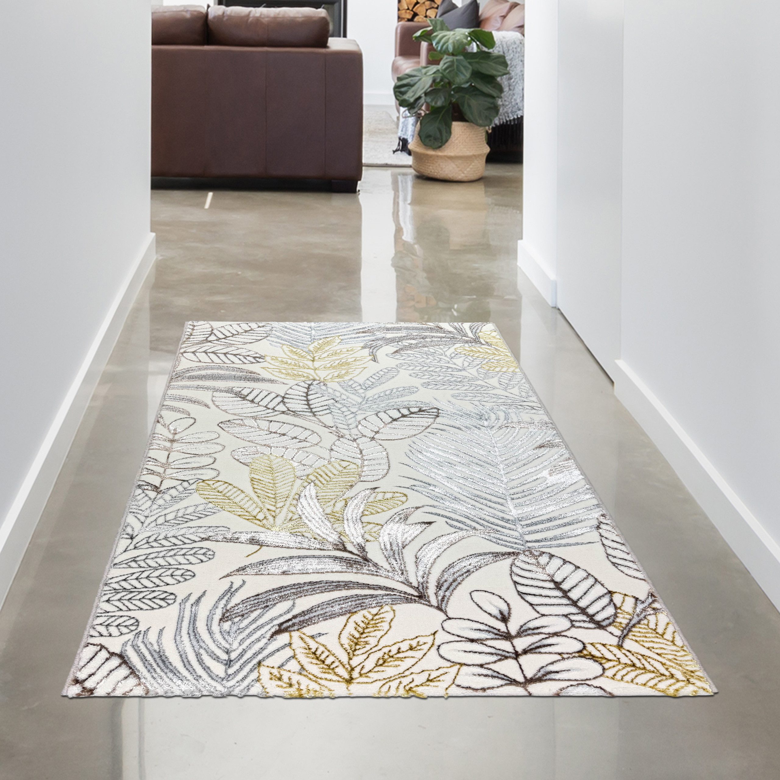 Carpetia Teppich Kurzflorteppich Creme Blätterdesign mit Glanzoptik modern, günstig online kaufen