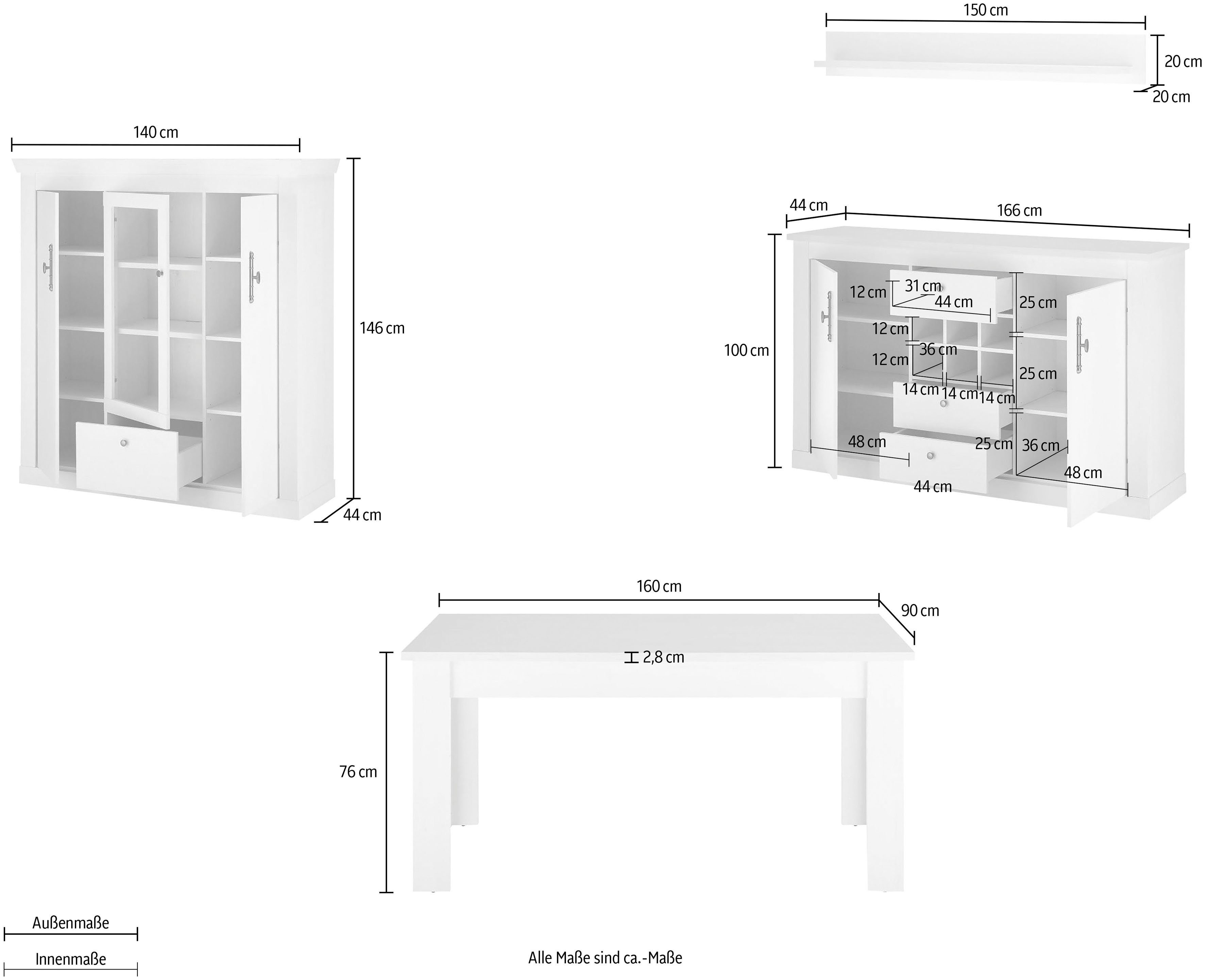 Home affaire Wohnwand RAVENNA, (4-St), im romantischen Landhausstil, Griffe aus Metall, Softclose-Funktion