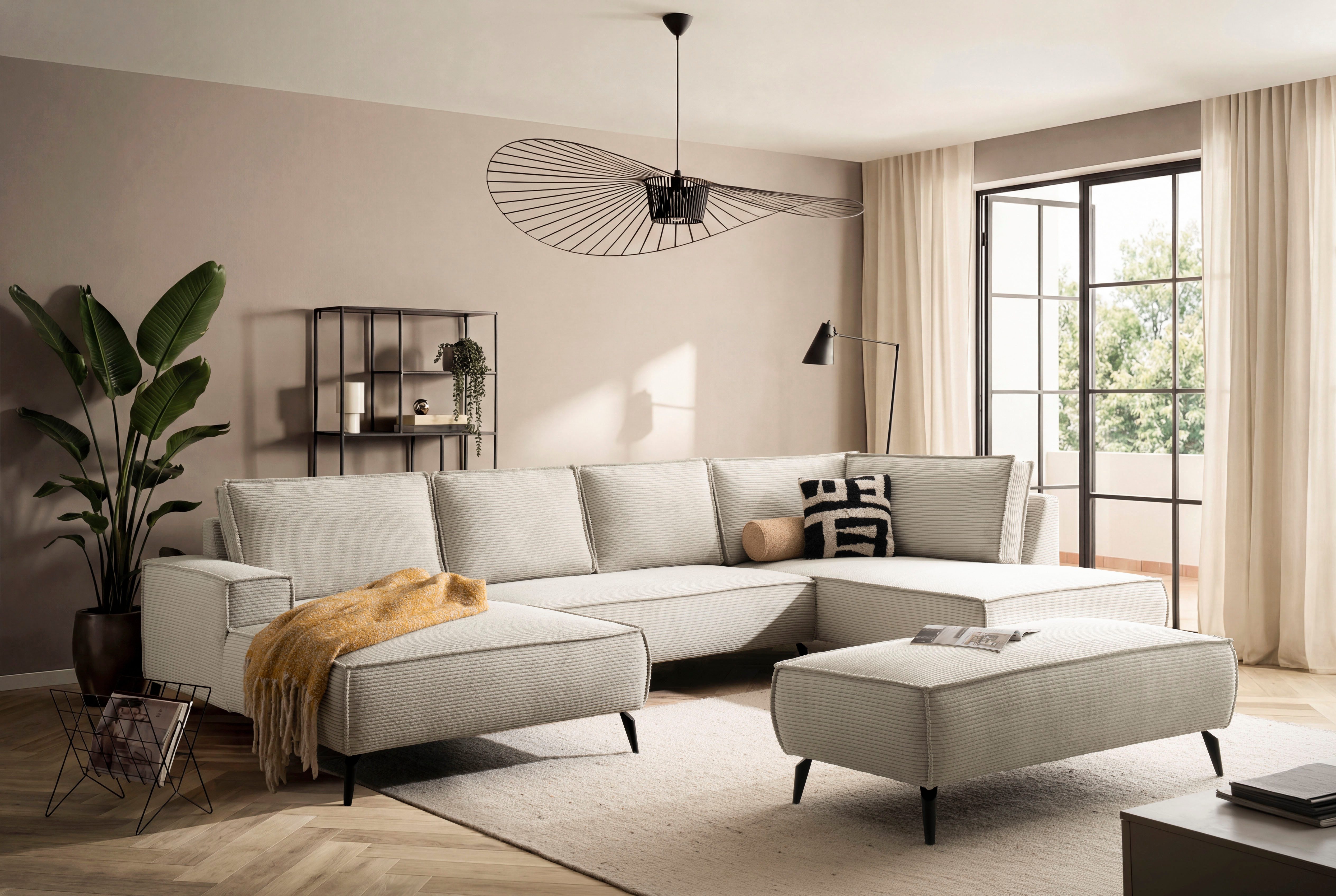 Home affaire Wohnlandschaft mit Hocker, TVINNU, moderne U-Form in Cord oder Leinenoptik, Set 2 Teile, Recamiere rechts/links, stellbar zum Schlafsofa (Krokodilverbinder)