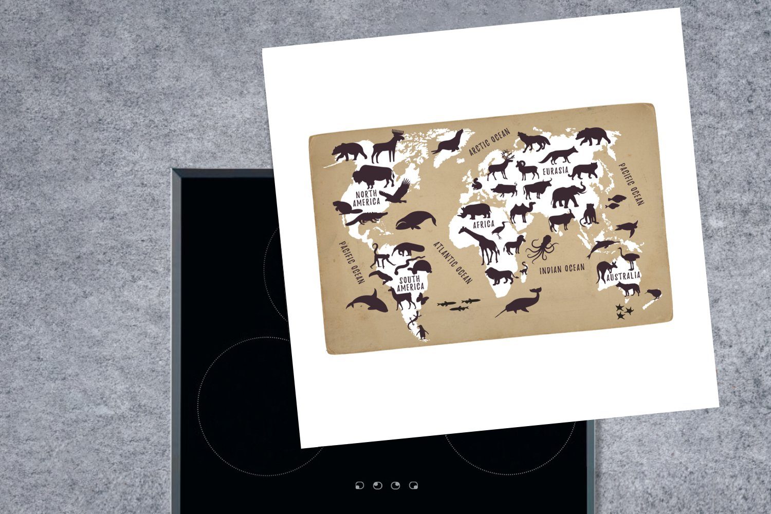 für 78x78 Ceranfeldabdeckung, - küche Vinyl, Arbeitsplatte MuchoWow (1 Weltkarte cm, Weiß Kinder Tiere, tlg), - Herdblende-/Abdeckplatte