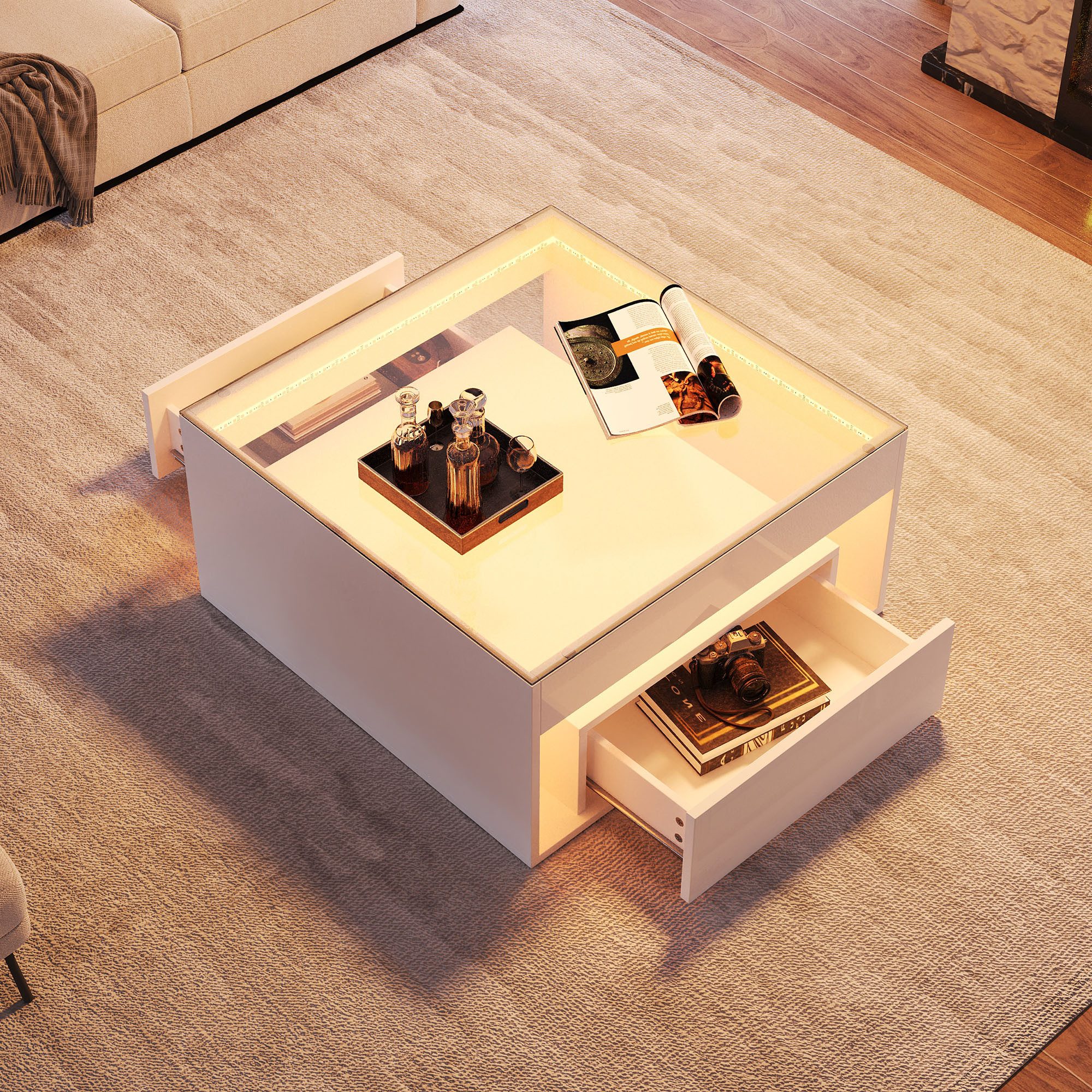 HAUSS SPOLE Couchtisch Hochglanz mit Schublade und offenem Mittelfach,Beistelltisch mit LED (Packung, 1-St., Hochglanz-kaffetisch,Wohnzimmertisch mit durchbrochenem Design), Schreibtisch und Esstisch aus gehärtetem Glas