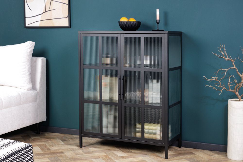 riess-ambiente Vitrine DURA STEEL 80cm schwarz - Metall, Riffelglas, 3 Fächer (Einzelartikel, 1-St) Industrial Design & Glastüren – ideal für Geschirr & Deko im Esszimmer