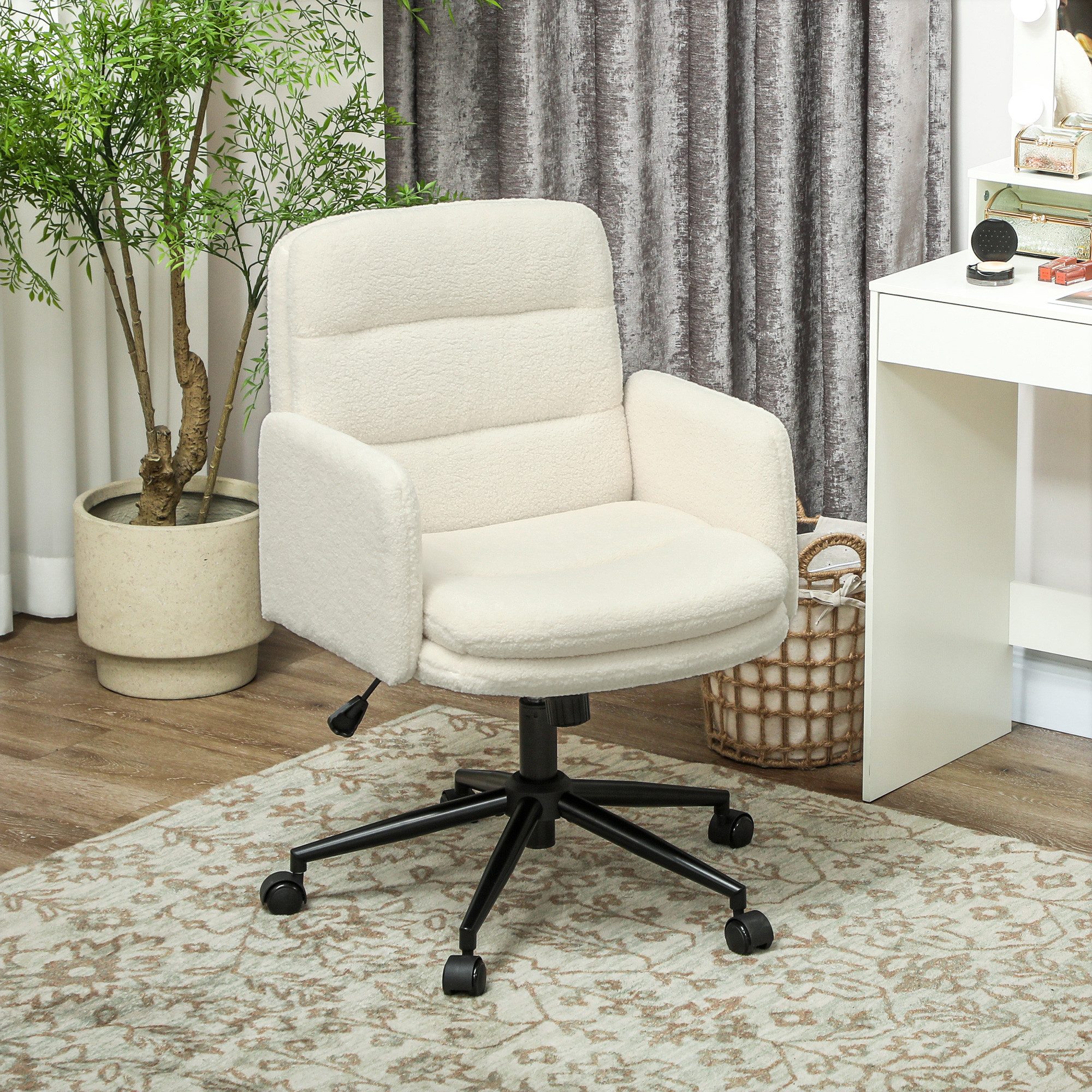 HOMCOM Bürostuhl mit Bouclé-Optik höhenverstellbar Bürostuhl mit Wippfunktion (Drehstuhl, 1 St), bis 120 kg belastbar für Schlafzimmer, Arbeitszimmer, Cremeweiß