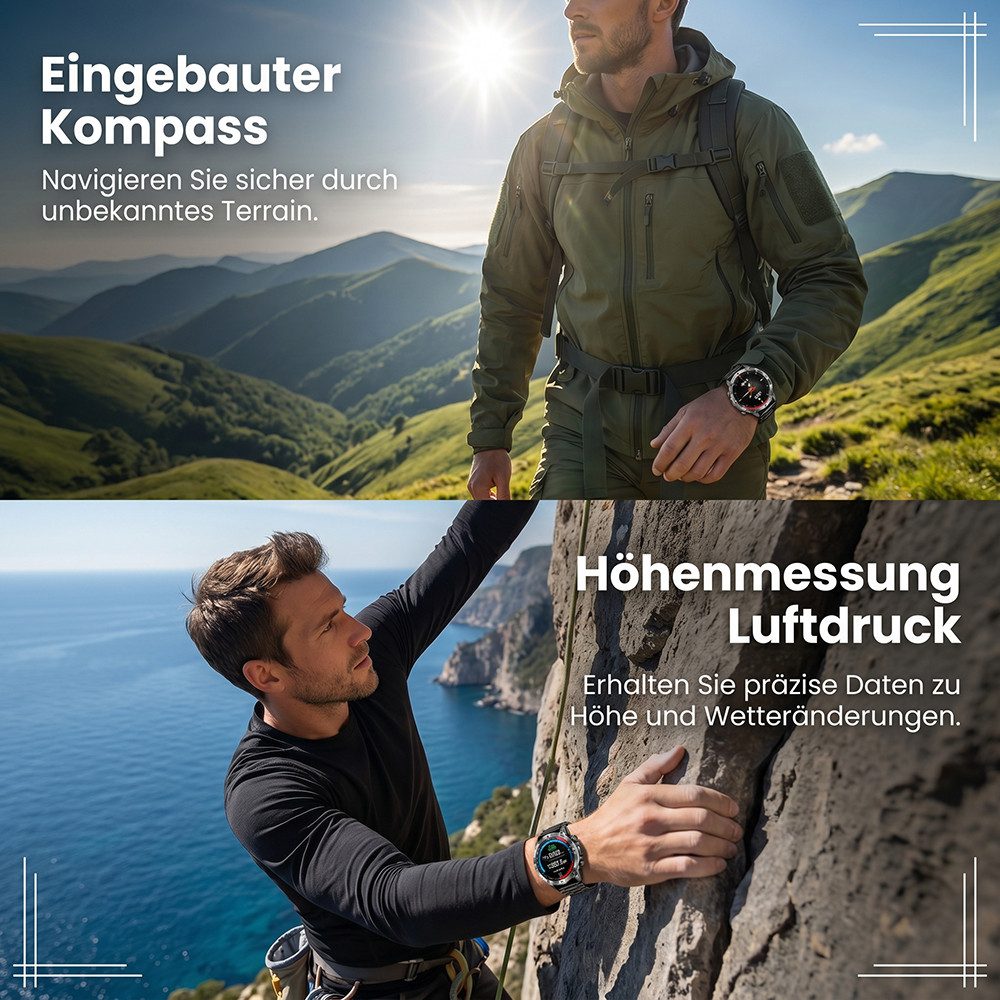 Vashoy Outdoor-Smartwatch mit 1,43" AMOLED & GPS,Barometer und Höhenmesser Smartwatch (390mm cm/1.43 Zoll, Android4.4/ISO1.0) Spar-Set, 3-tlg., IP68 wasserdicht, 160+ Sportmodi, Puls, Schlaf, Schritte,für Herren, Damen, Android/iOS