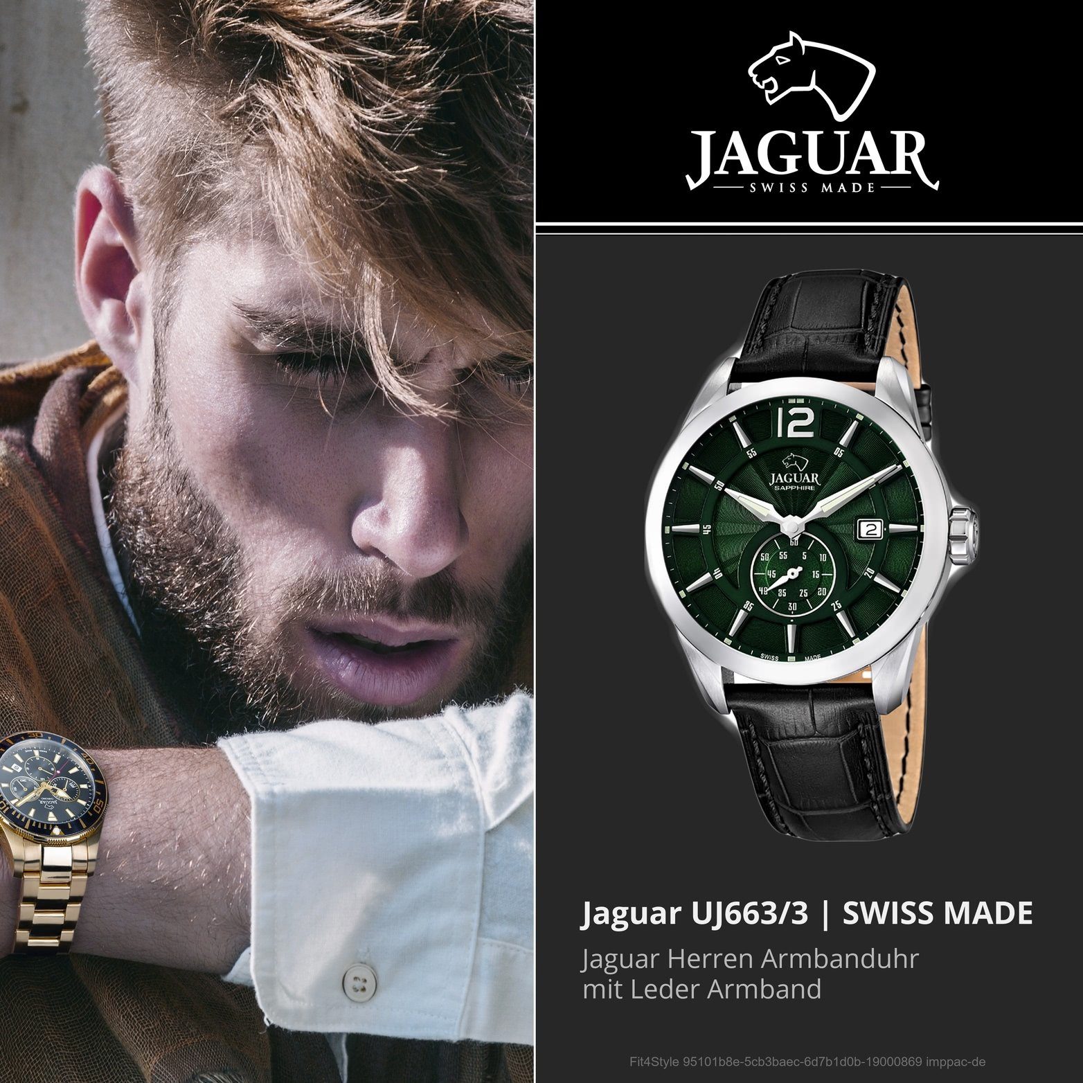 Elegant-S J663/3 43mm), Gehäuse, Lederarmband, Herrenuhr mit Jaguar Leder groß JAGUAR Uhr Herren rundes (ca. Elegant, Quarzuhr