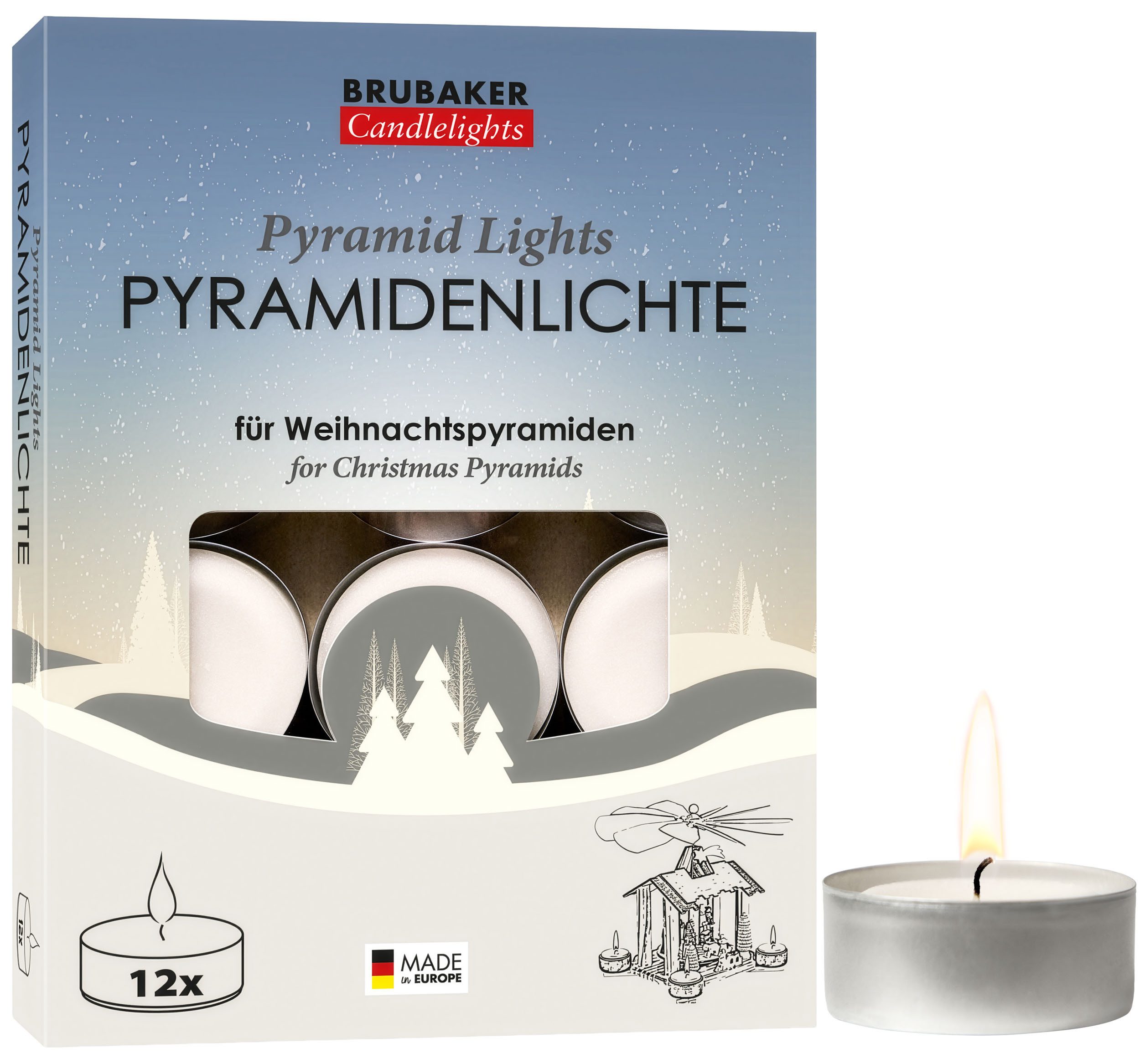 BRUBAKER Teelicht Pyramidenteelichter aus Paraffin mit Metallhülle - Pyramidenlichte (Extra Große Flamme, 12-tlg., Lange Brenndauer), Pyramiden-Teelichter für Weihnachtspyramiden & Weihnachtsdeko