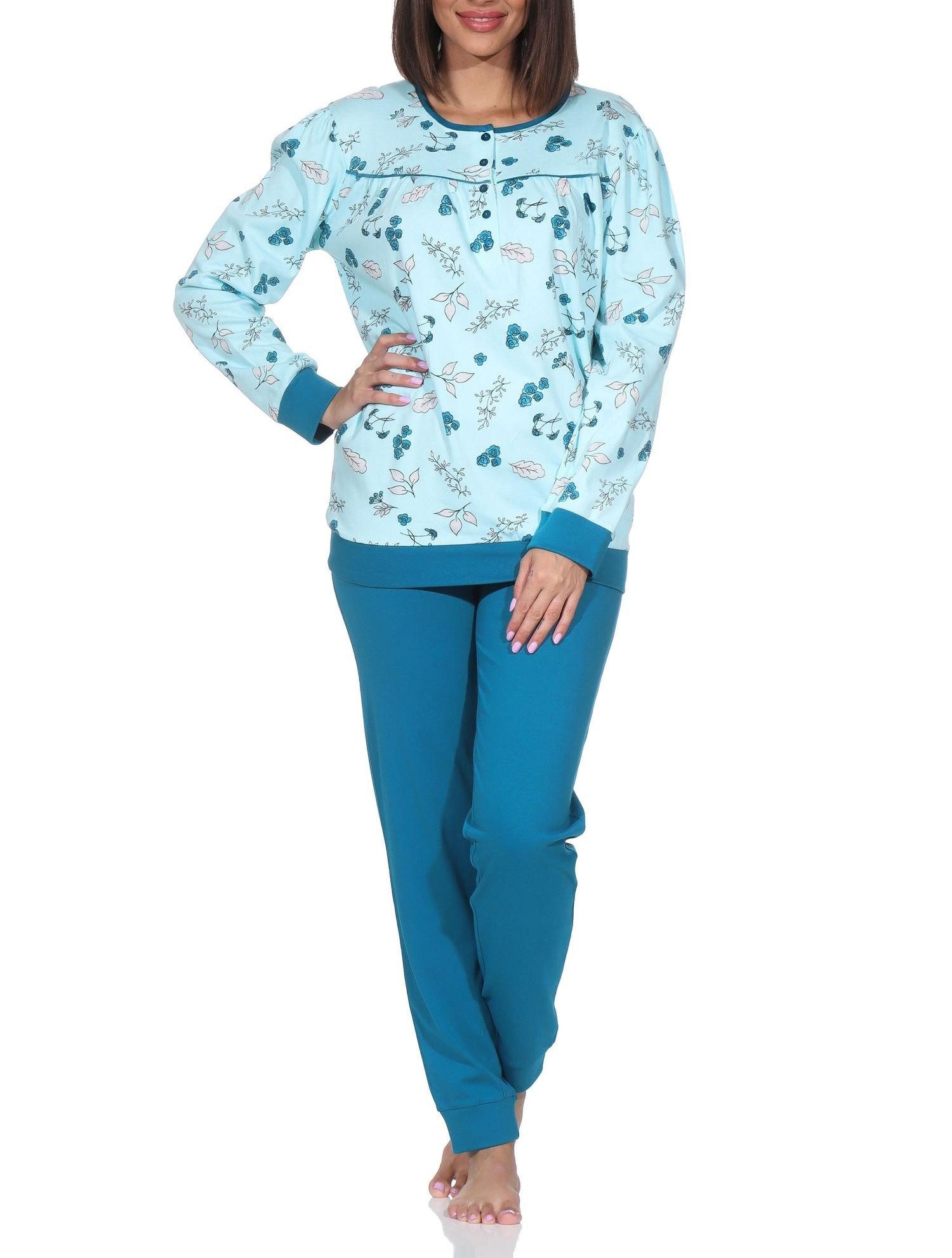 Pyjama Damen fraulicher Langarm Schlafanzug mit Bündchen im klassischen Look