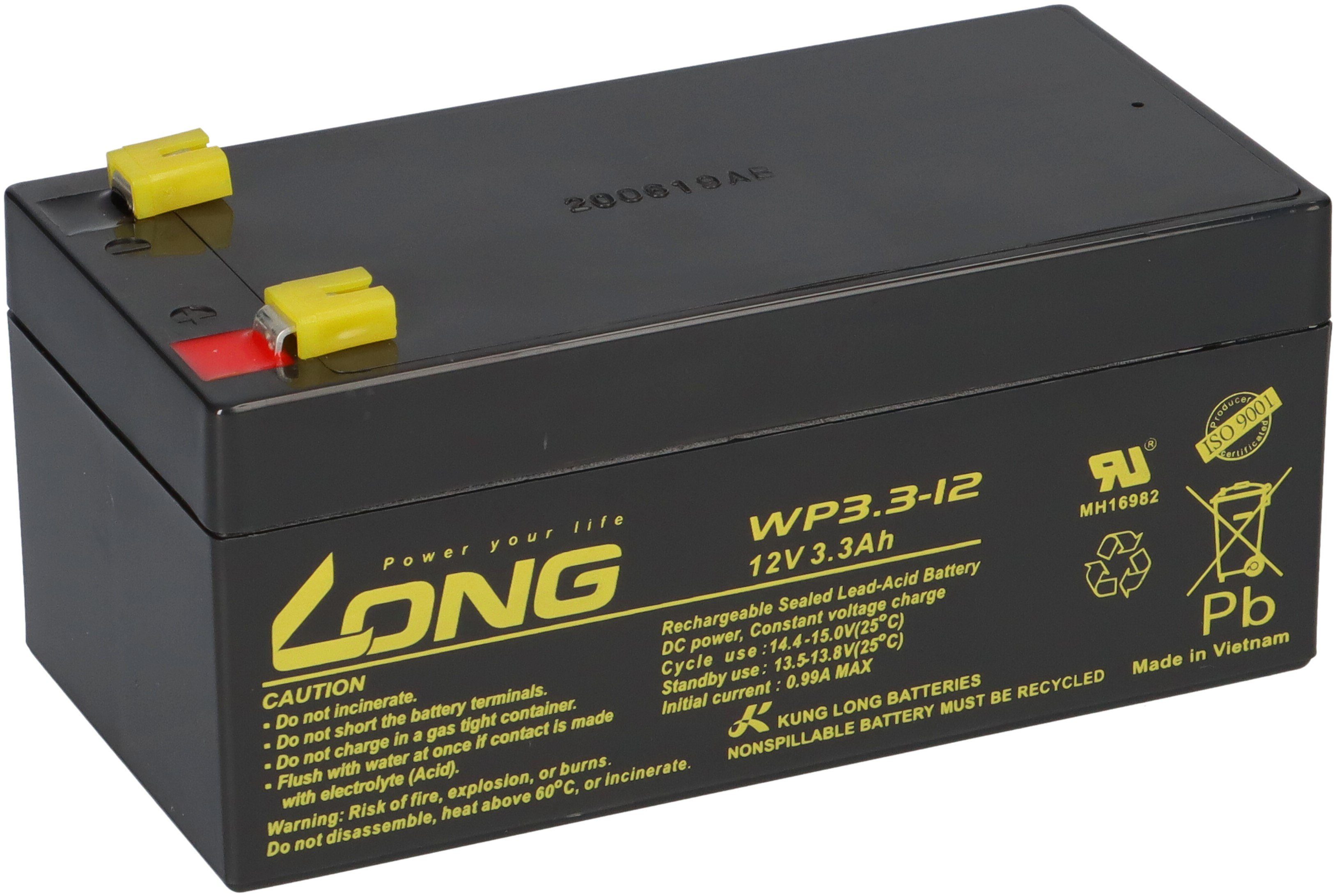Long kompatibel V) Brandmeldeanlage Kung 3,3Ah AGM Alarm (12V 12V Bleiakkus