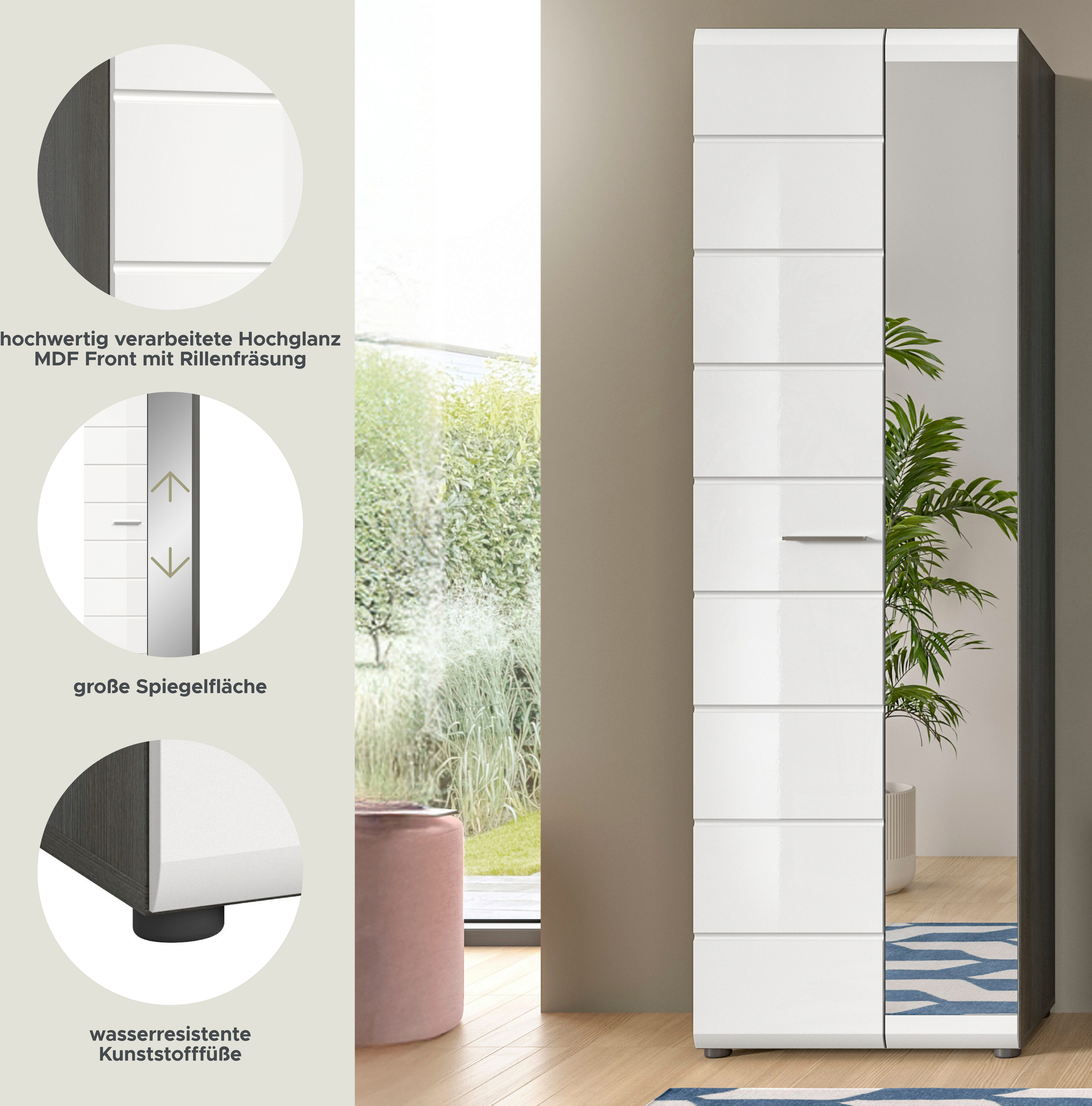 Home affaire Garderobenschrank Rumba, Höhe 192 cm, 1 Hochglanz Tür, 1 Spiegeltür, 4 Einlegeböden, 1 Kleiderstange, Stauraumschrank, Flurschrank, Flurmöbel