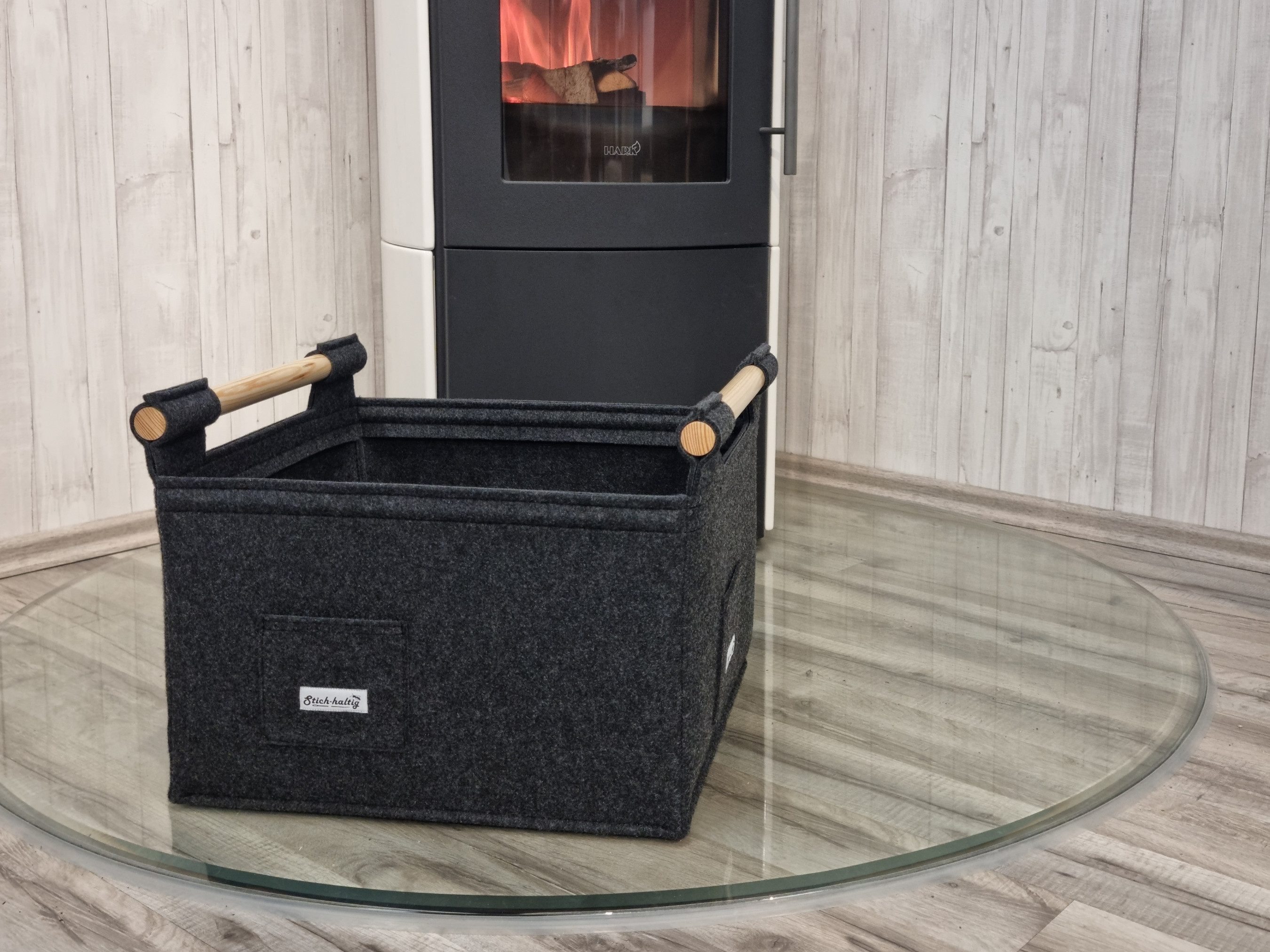Stich-haltig Kaminholzkorb Filzkorb für Kaminholz mit Holzgriffen - robuste günstig online kaufen