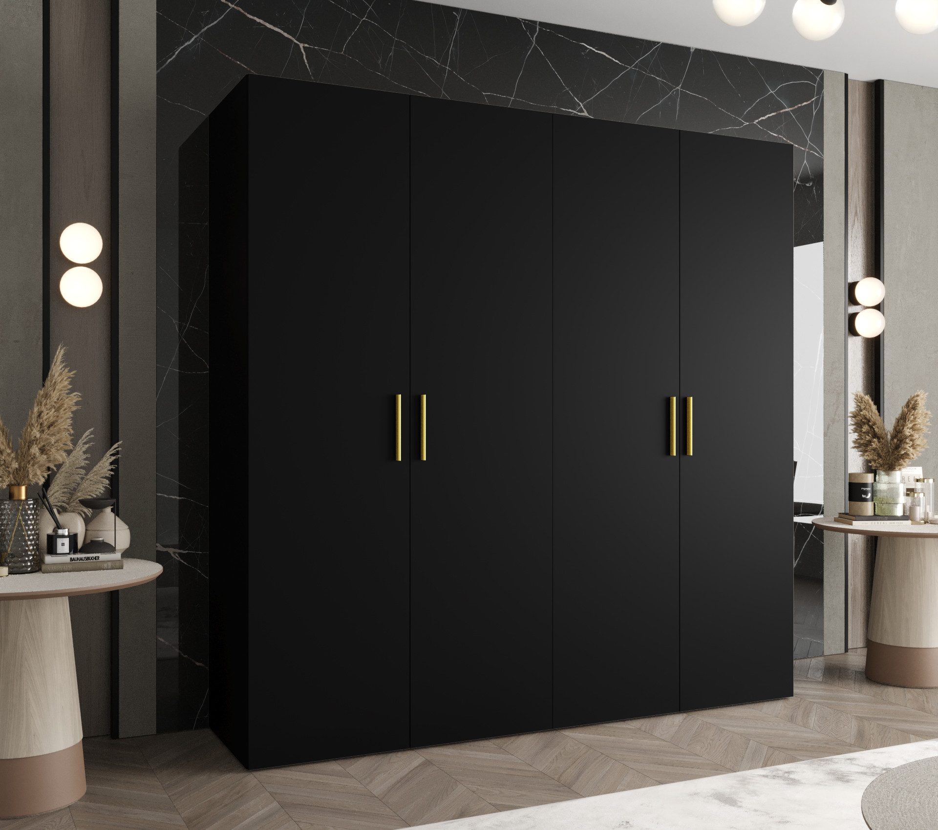 MOEBLO Drehtürenschrank LIVENTO 1 (mit Soft-Close, moderne Griffe – Moderner Kleiderschrank mit Einlegeböden & Kleiderstange für Schlafzimmer und Ankleide, Kleiderschrank Schrank Garderobe Schlafzimmer Drehtürenschrank) (BxHxT): 100/150/200/250/300x202x52 cm