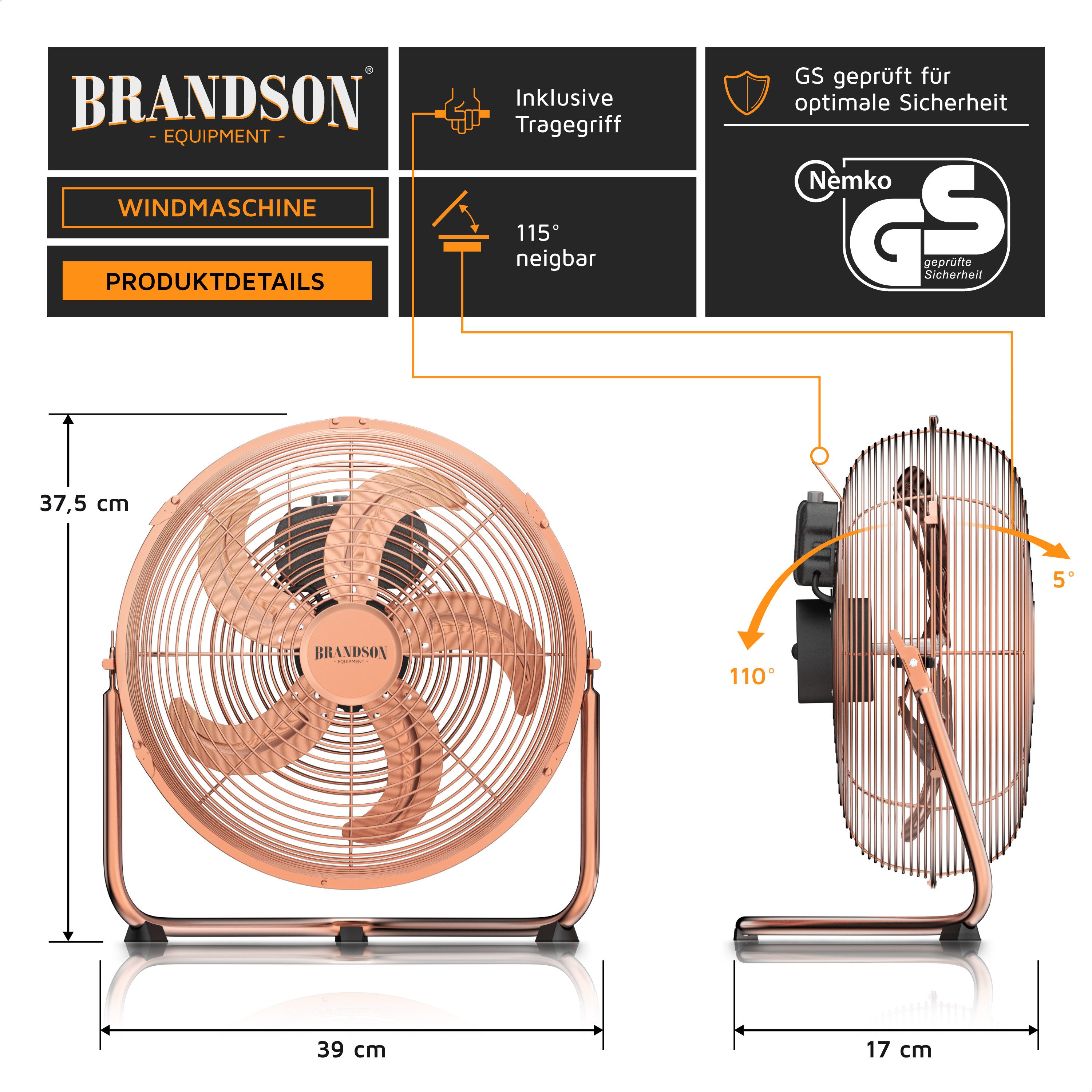 Brandson Windmaschine Bodenventilator im Retro Stil, hoher Luftdurchsatz, 55W, Kupfer, 34,5 cm Durchmesser, Preisträger 2025, robuster Stand, stufenlos neigbar, GS-Geprüft