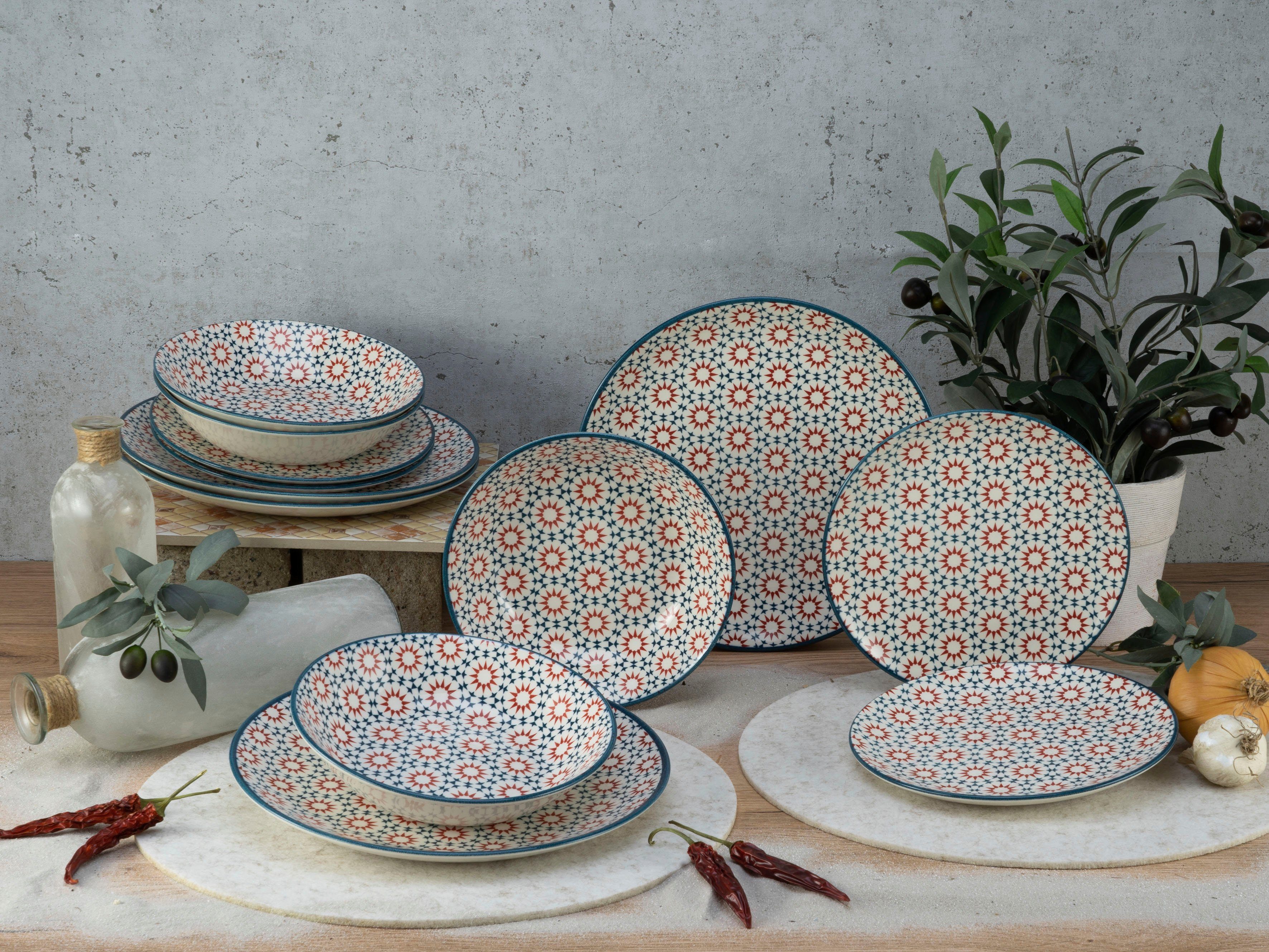 CreaTable Teller-Set Stella (12-tlg), 4 Personen, Porzellan, orientalisches  Fliesenmotiv