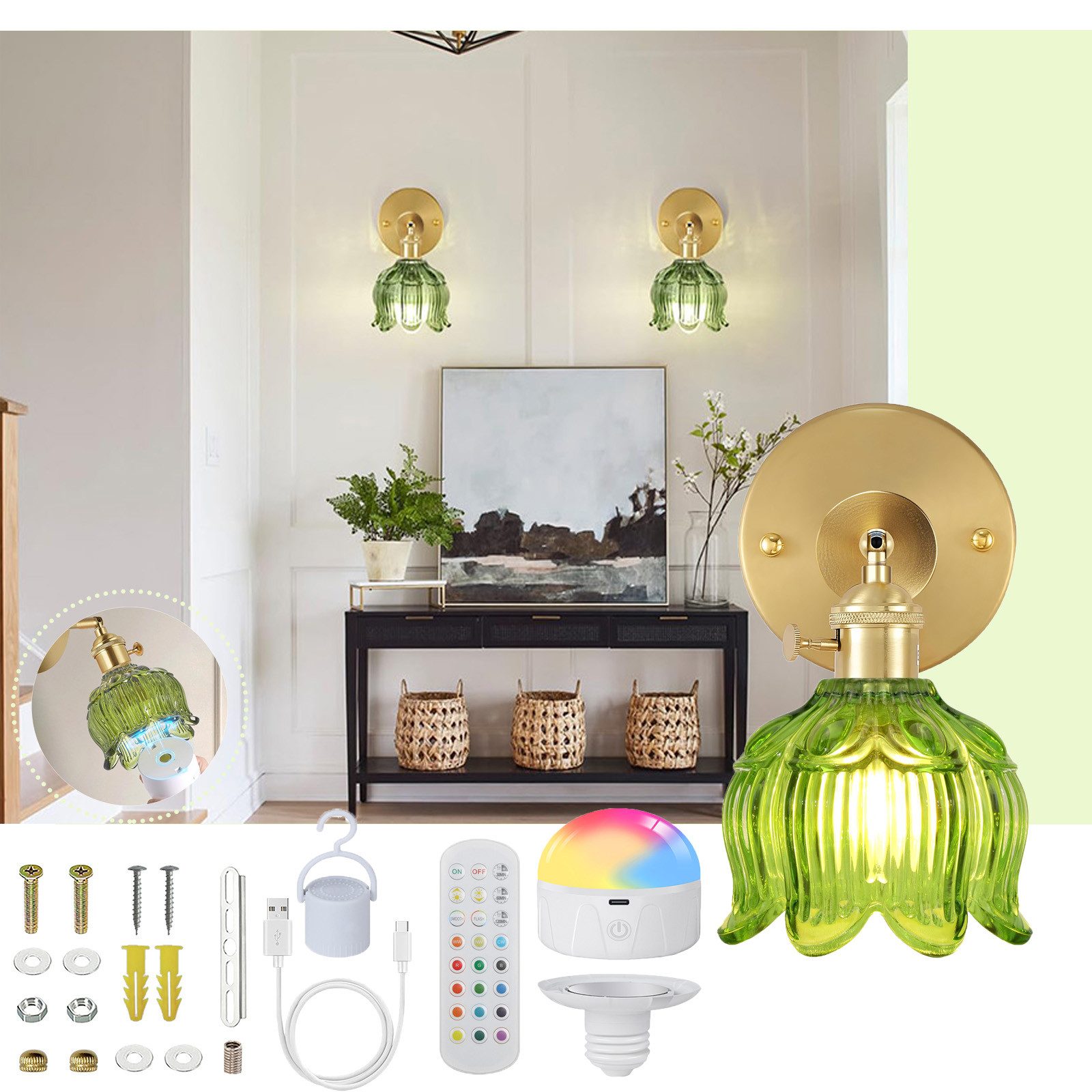 Jibenhome Wandleuchte Retro-Wandleuchte Blumen Glasschirm, E27 Batteriebetriebene Glühbirne, Timer und Speicherfunktion, RGB Dimmbare mit Fernbedienung