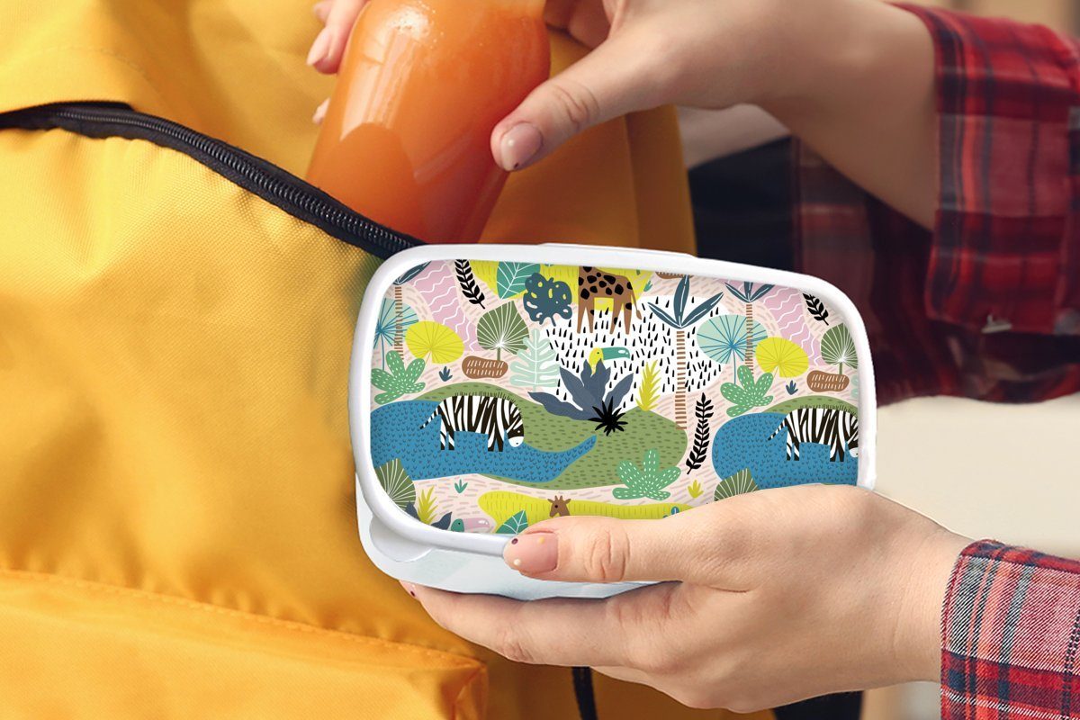 MuchoWow Lunchbox Brotdose, und und Kunststoff, (2-tlg), Erwachsene, für Kinder Brotbox weiß Natur Farben, - Jungs Mädchen Dschungel - für