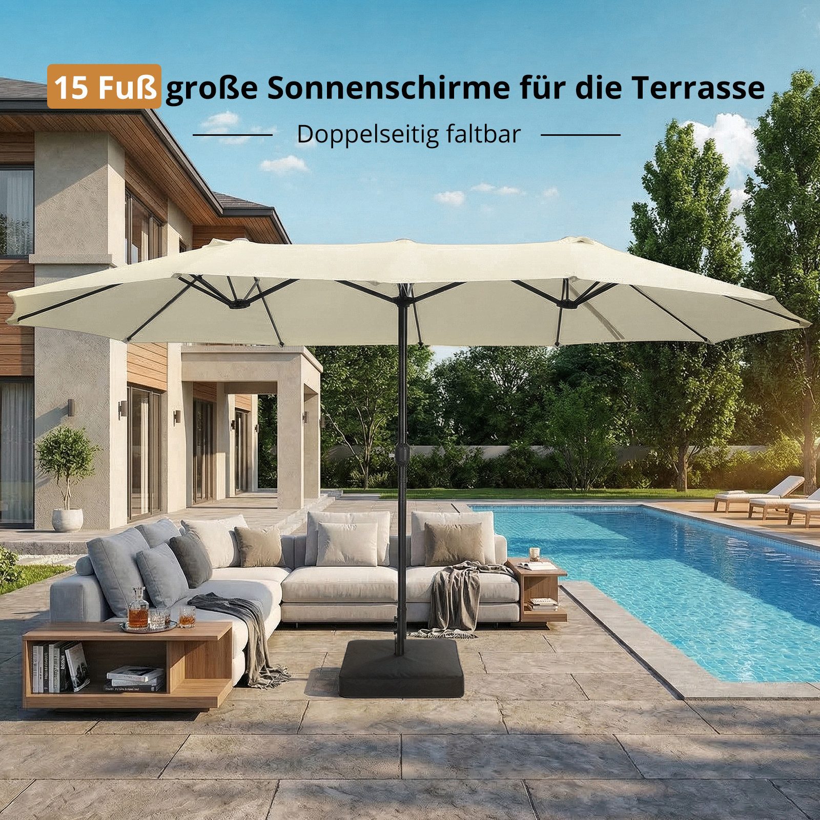 VOWNER Markise mit Sockel,Crank, 4,5m Doppelte Rechteckmarkise (1-St) groß für Pool,Garten,Deck,Beach,Beige