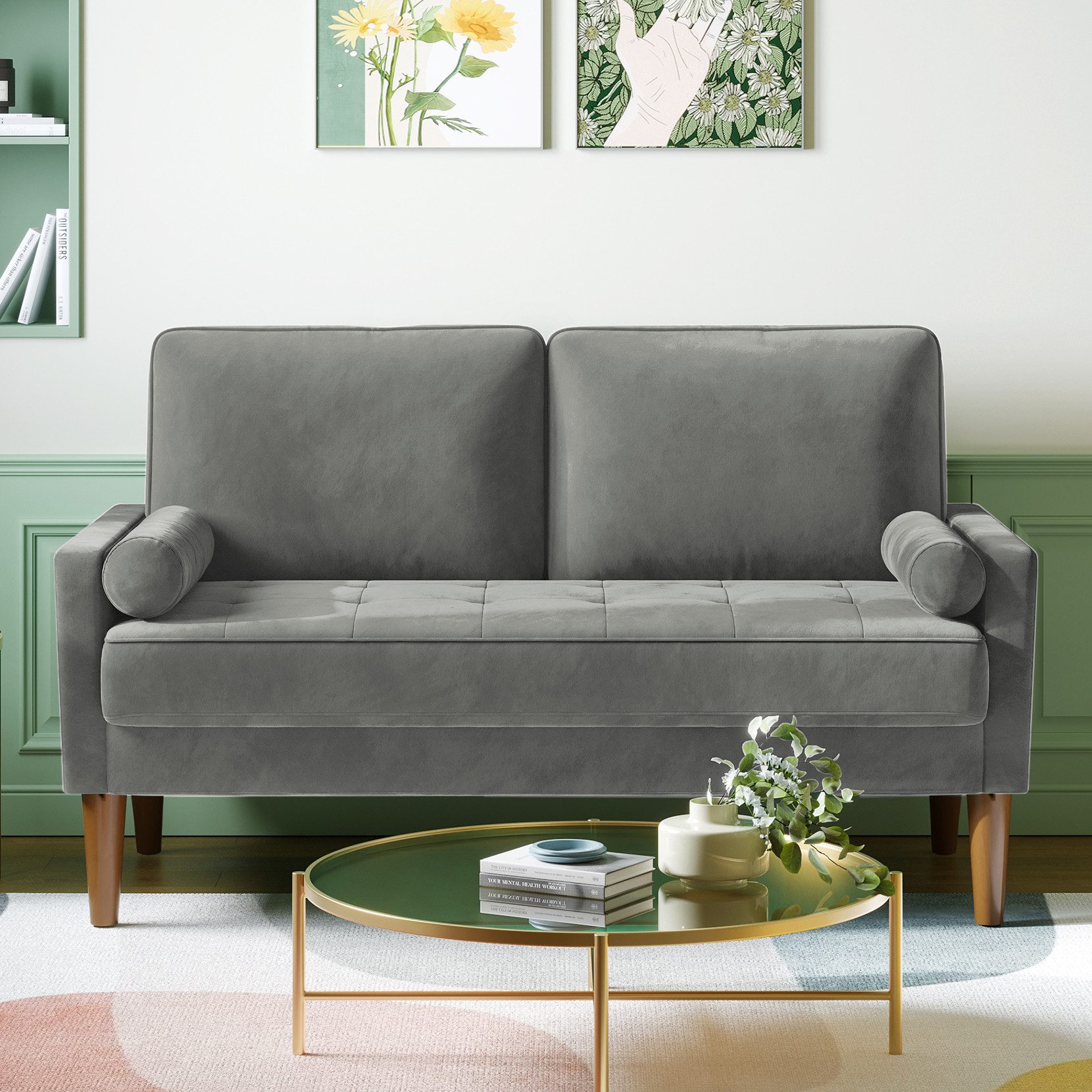 OUNUO 2-Sitzer Couch 2 Sitzer, Samt Kleines Sofa mit 2 Wurfkissen, Grün