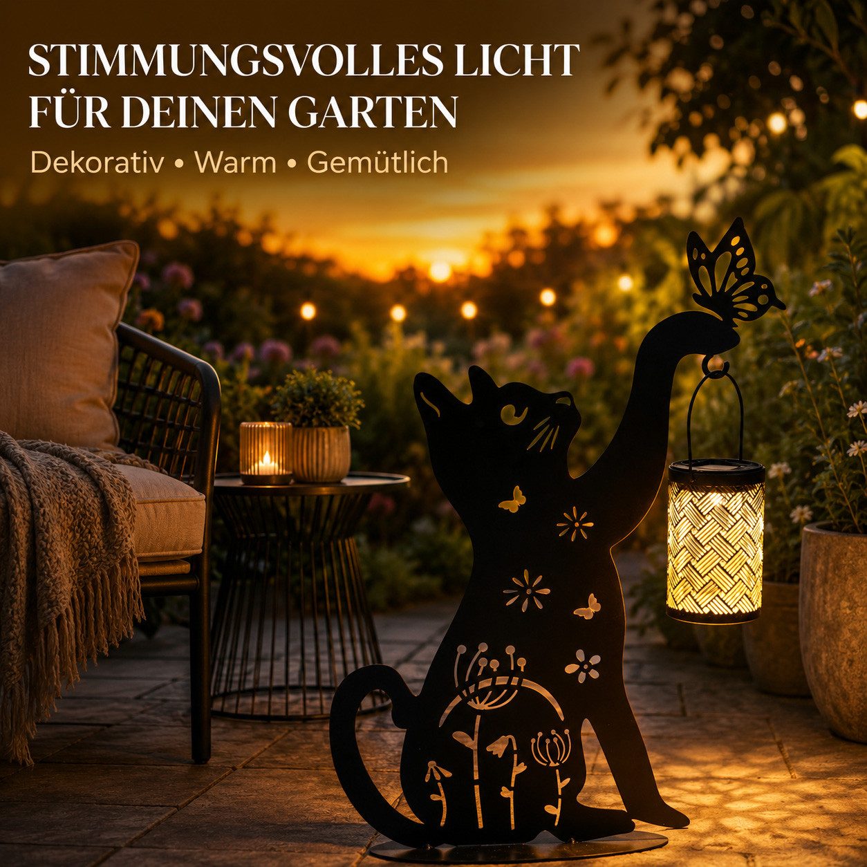 formano Gartenfigur Solar Katze mit Laterne Metallfigur 50 cm mit LED Solarlaterne IP44