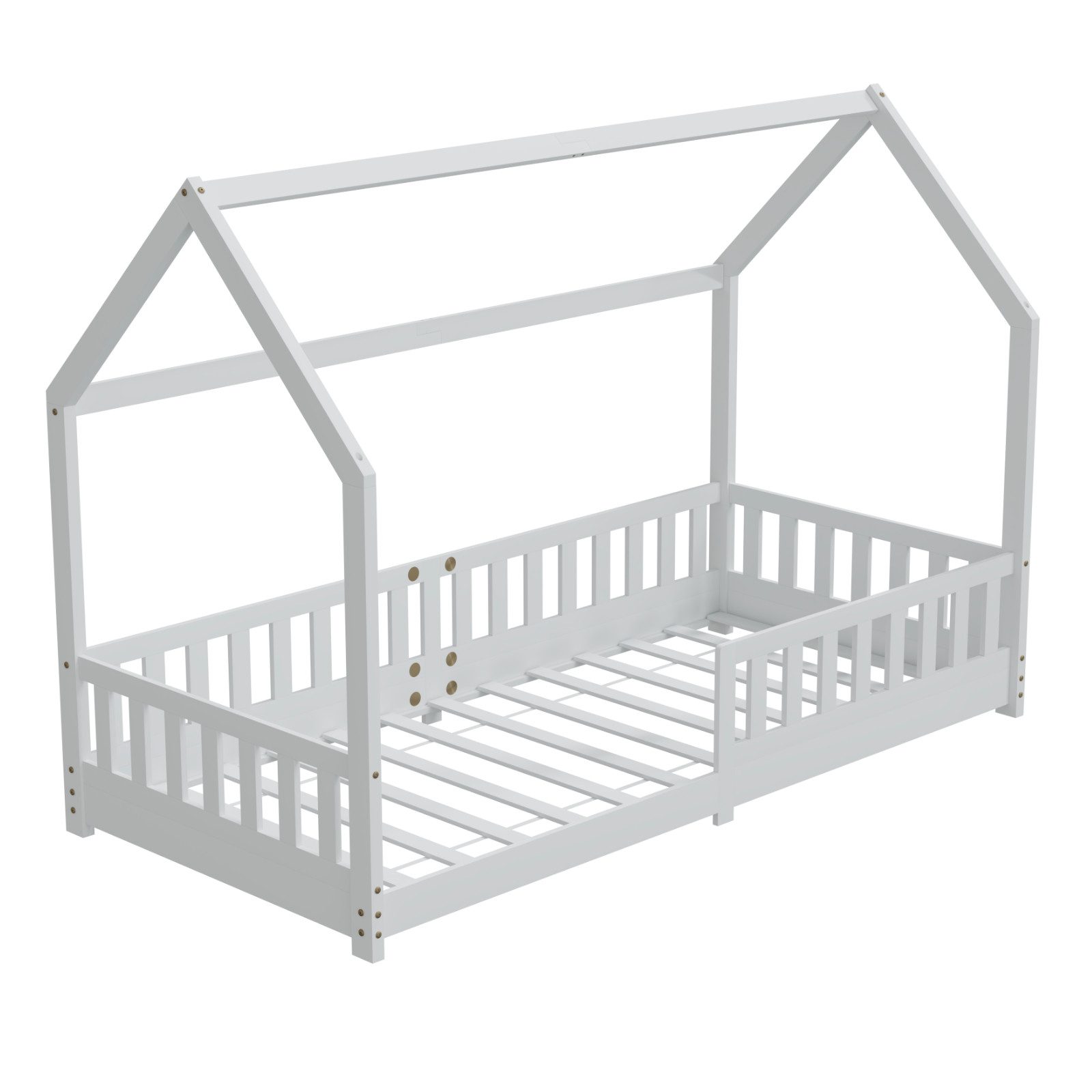 Kinderbett 90x200cm Weiß Hausbett Dach Rausfallschutz Massivholz Kiefer Spielbett