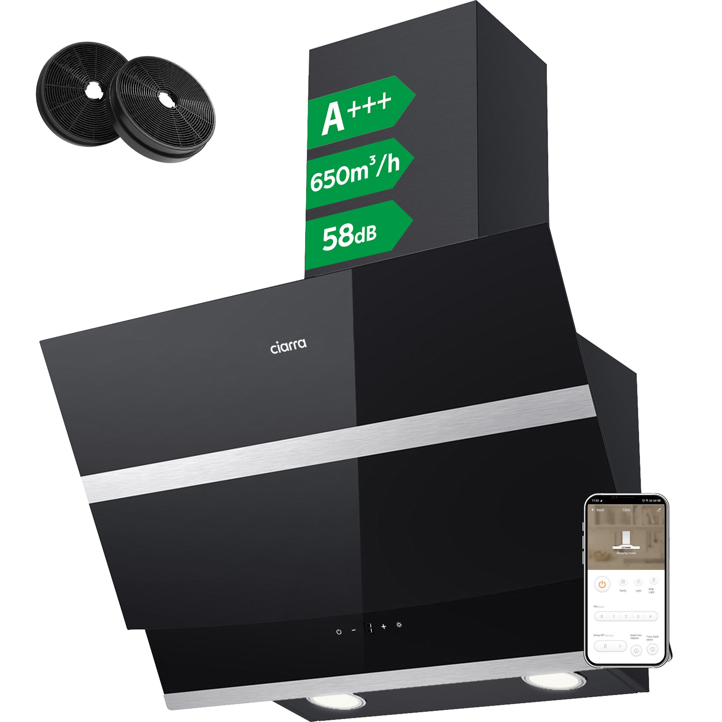 CIARRA Kopffreihaube 60 cm A+++ 650 m³/h Schräghaube leise Umluft & Abluft LED CBCB6736N 60 cm A+++ 650 m³/h Schräghaube leise Umluft & Abluft LED CBCB6736N, Kopffrei Dunstabzugshaube WIFI-APP Touch Control Inkl. BOOST 4 Stufen