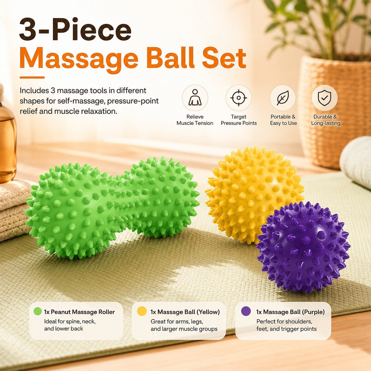 Fyrove Fußmassagegerät Massageball, Igelball Massage, Faszienball Set, Igelball, 3-teiliges Set 3-tlg., 3-teiliges Set: 1x 5cm, 1x 7cm, 1x Peanut Ball, Massageball für Zuhause, Massageball für Sportler, Durchblutung fördern