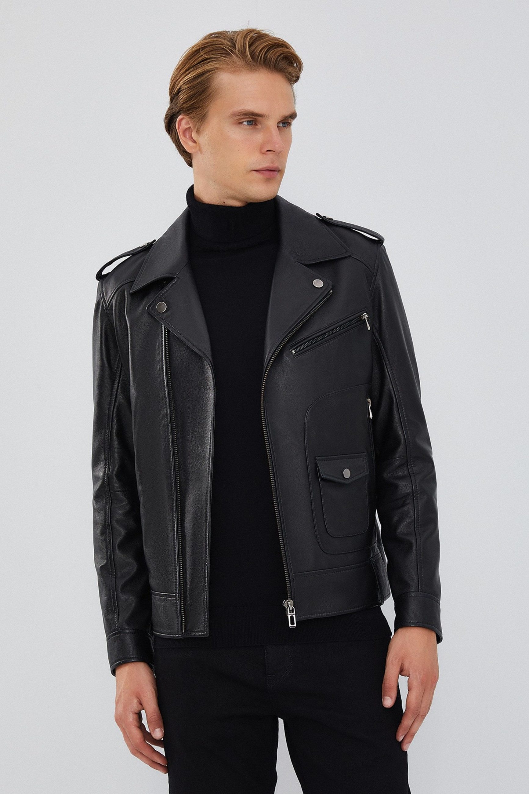 Derimod Lederjacke Carter Biker-Lederjacke Slim Fit, Reißverschluss, Schalkragen, Kurz, Textilfutter