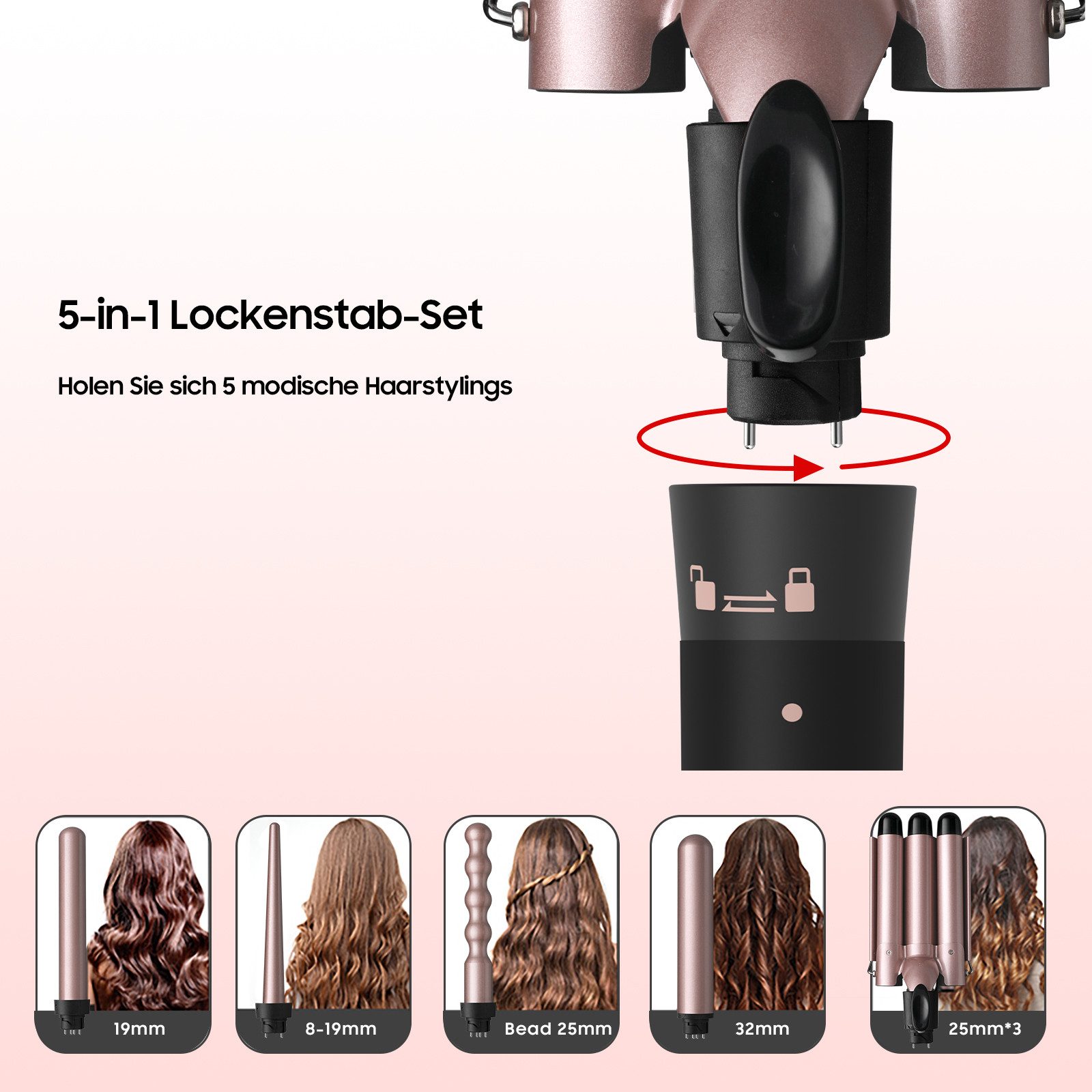 AIMAX Lockenstab Lockenstab Set 5 in 1 mit 3 Fässer Welleneisen Lockenwickler, Turmalin-Keramik, mit Wechselkopf – Bild 3 von 5