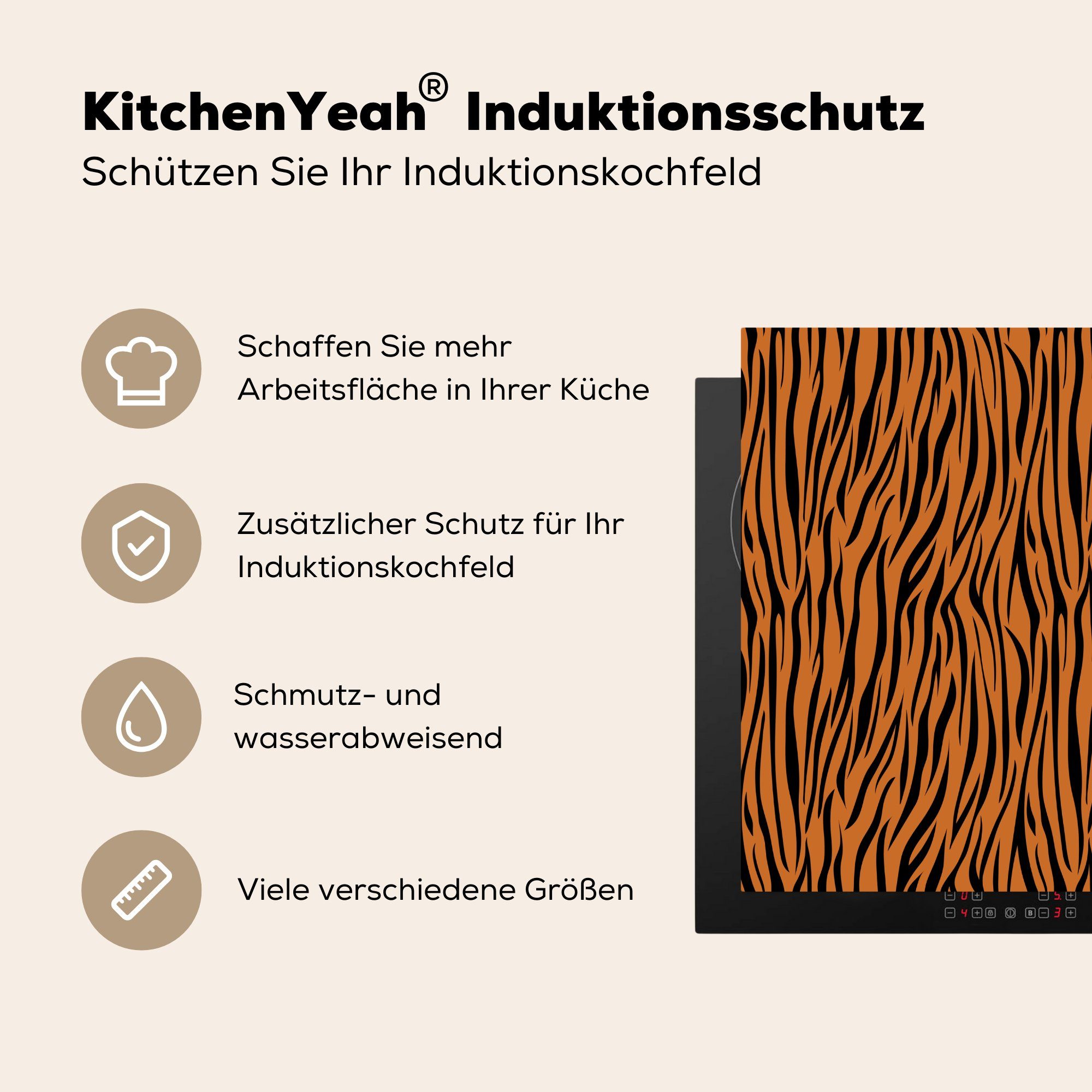 MuchoWow Herdblende-/Abdeckplatte Tigerdruck (1 Vinyl, - Braun küche 78x78 Arbeitsplatte Schwarz, cm, Ceranfeldabdeckung, - tlg), für
