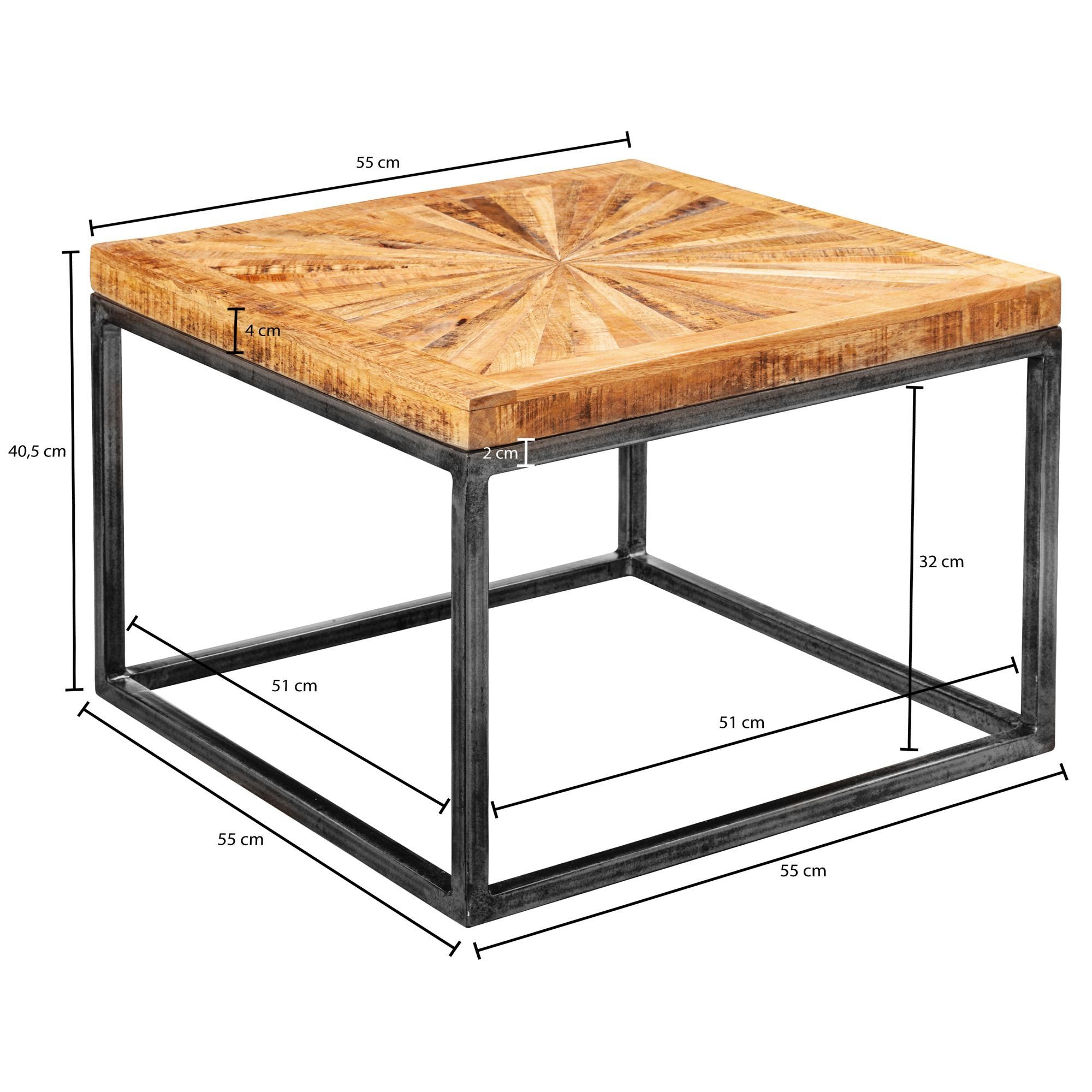 Quadratisch, cm Kaffeetisch WL5.951 Massivholz Wohnzimmertisch (Mango Couchtisch Modern Metallgestell), Wohnling 55x40x55 Tisch