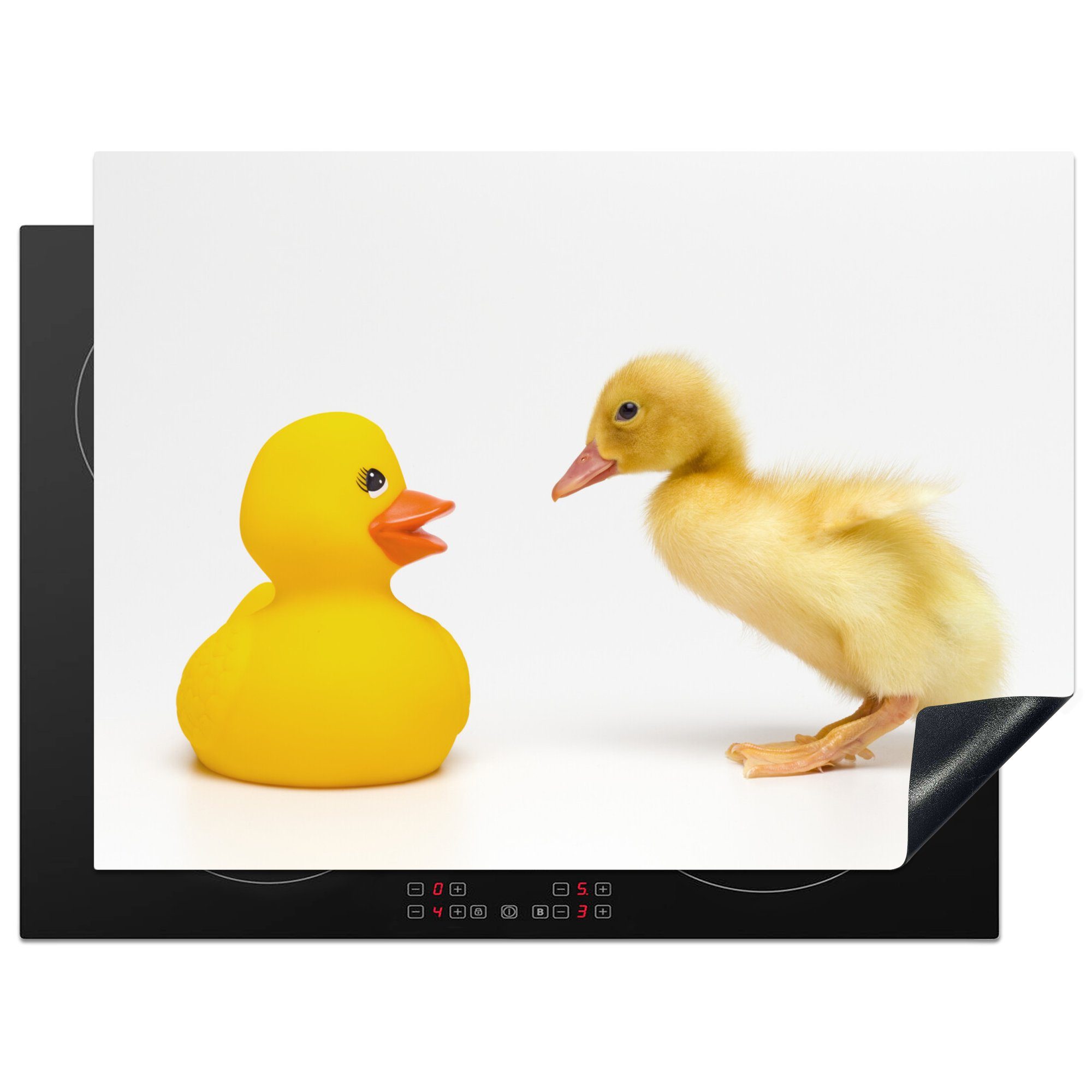 MuchoWow Herdblende-/Abdeckplatte Baby Ente mit Bad Ente auf weißem Hintergrund, Vinyl, (1 tlg), 70x52 cm, Mobile Arbeitsfläche nutzbar, Ceranfeldabdeckung
