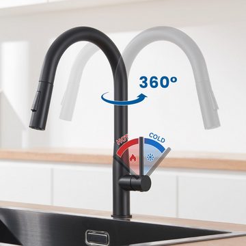 AuraLum pro Küchenarmatur Hochdruck Küchenarmatur Ausziehbar Wasserhahn,360° Schwenkbar Edelstahl Mischbatterie mit 2 Strahlarten Spray, Schwarz