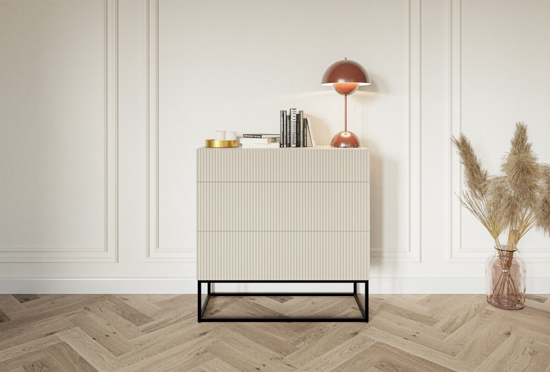 Selsey Kommode VELDIO, mit 3 Schubladen, Lamellenfront, Stahlbeinen, 90 cm breit