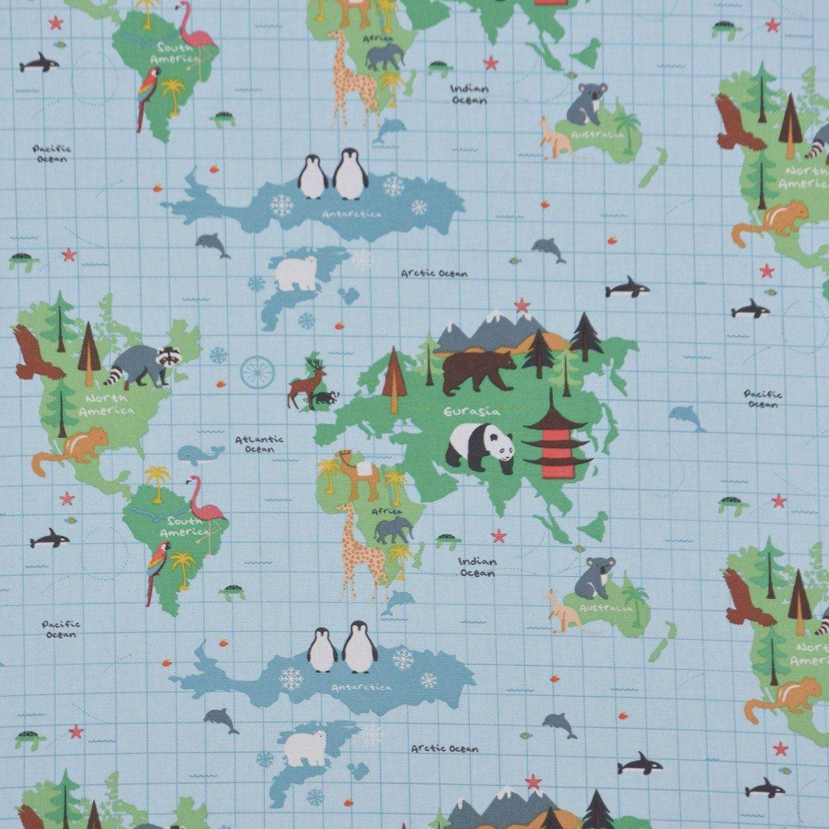 Stoff Fryetts Dekostoff Baumwollstoff Kinder Weltkarte Tiere hellblau 138cm