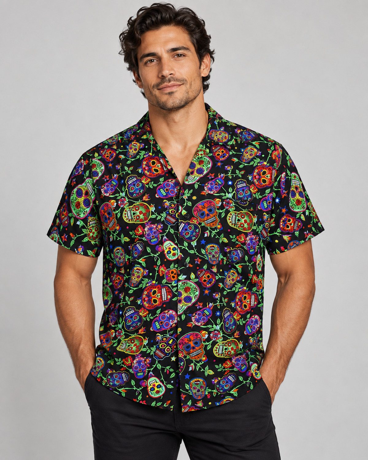 King Kameha Hawaiihemd "Skull" Funky Hawaii-Hemd Herren Kurzarm Front-Tasche Stylish – Bild 3 von 5