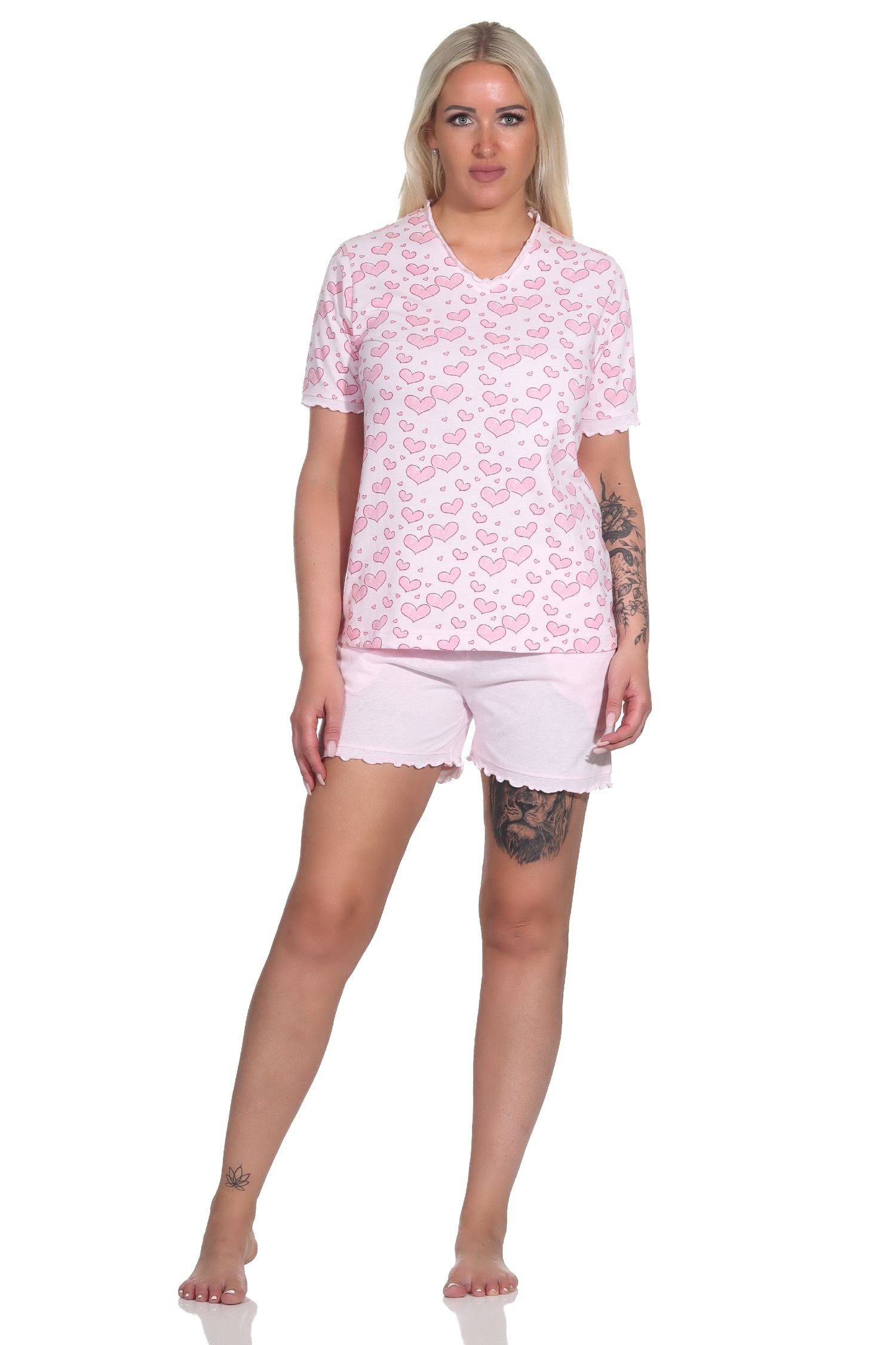 Normann Pyjama Damen Kurzarm Schlafanzug Shorty in Herz Optik - auch in Übergrößen rosa
